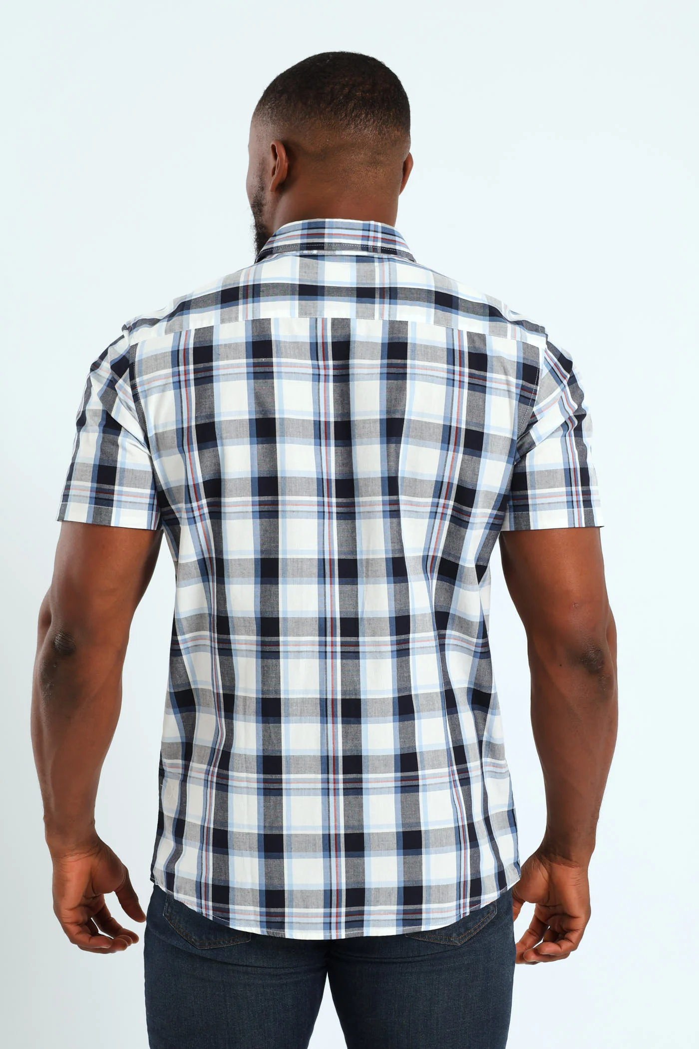 Short Sleeve Check Shirt - White/Navy/Ochre - Image 3