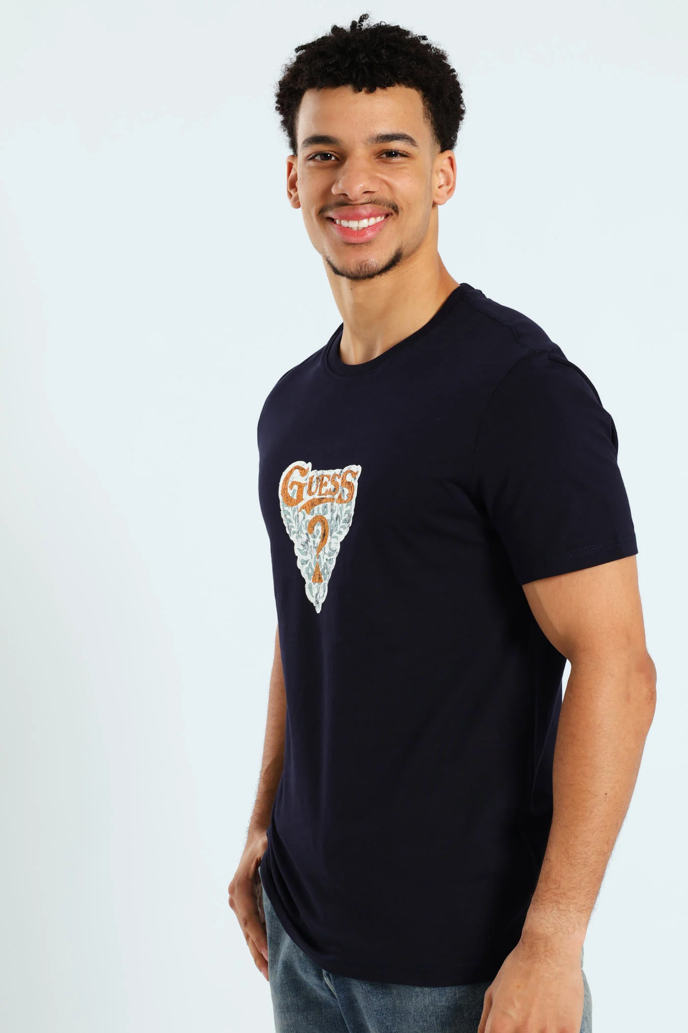 Short Sleeve Circle Neck Abstract Triangle Tee - Navy - Image 3