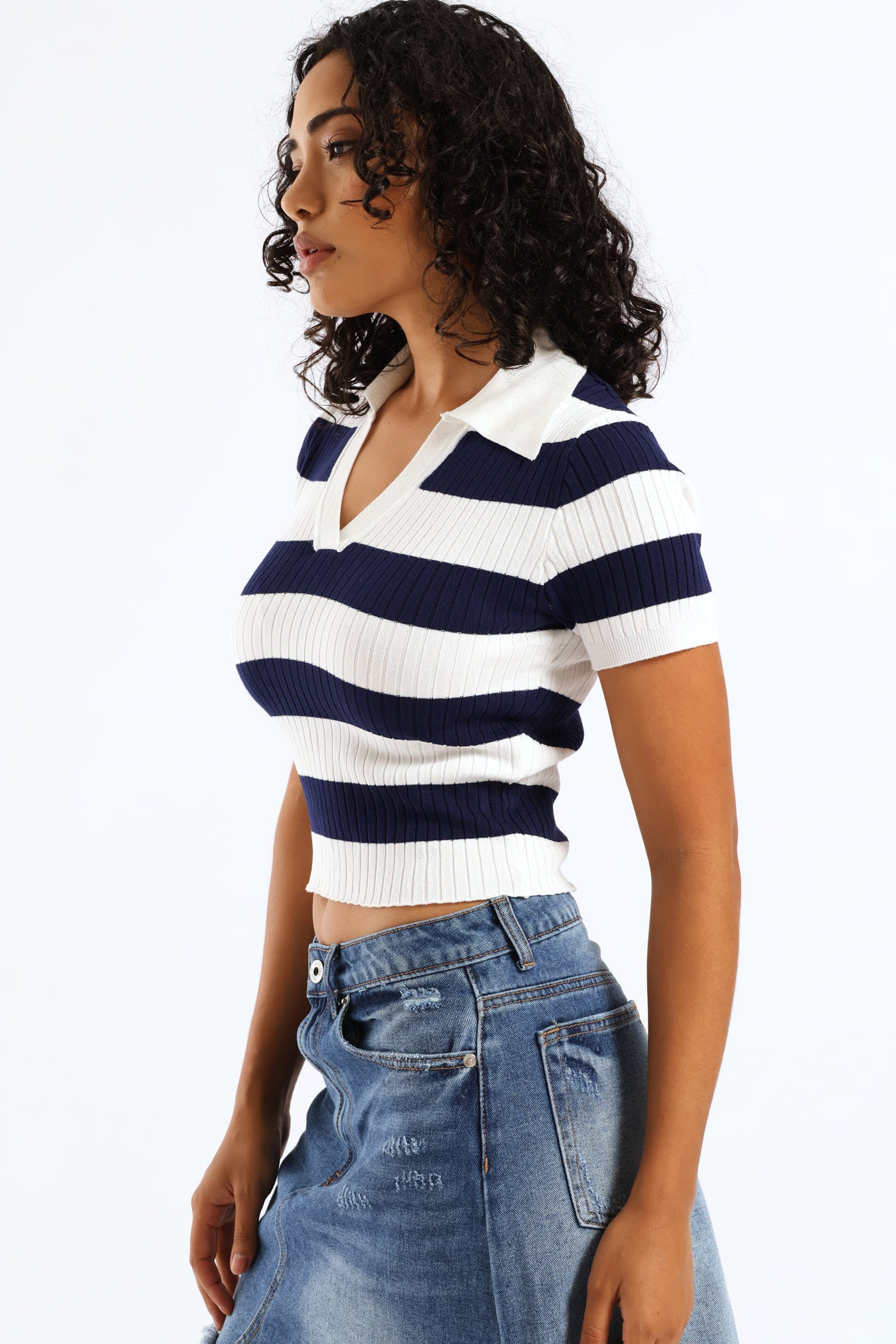 Short Sleeve Cropped Polo Sweater - White/Navy - Image 3