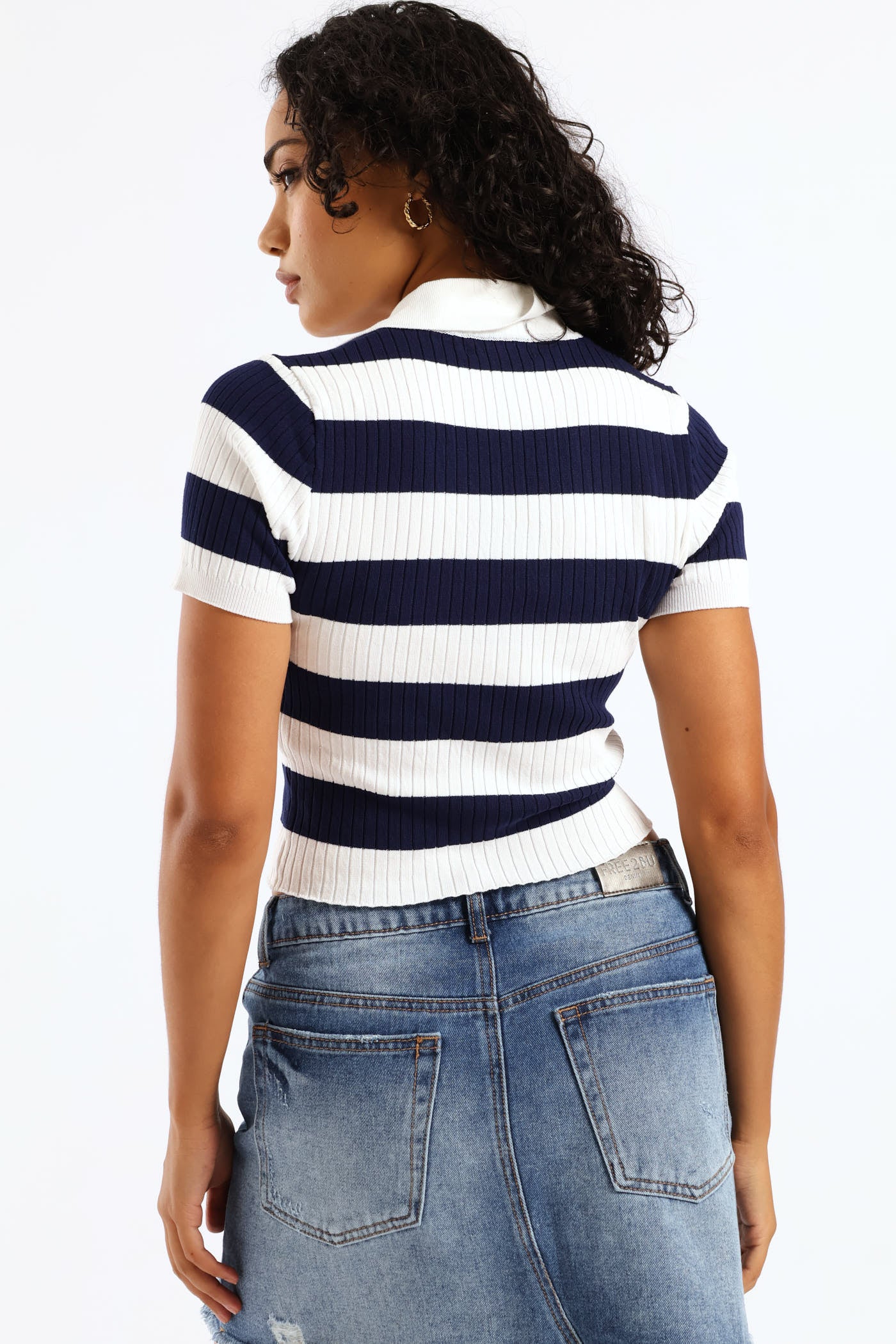 Short Sleeve Cropped Polo Sweater - White/Navy - Image 4