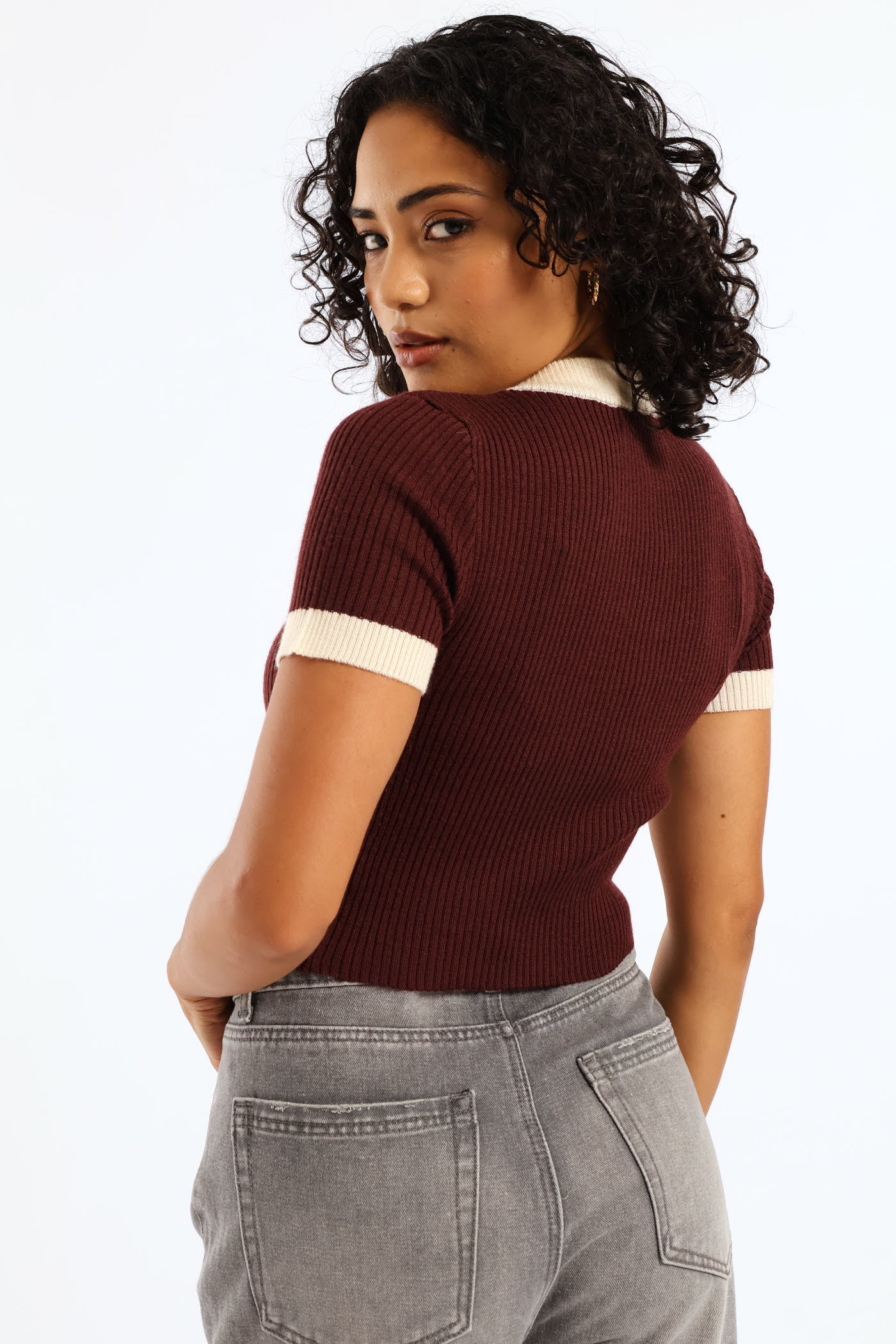 Short Sleeve Cropped Sweater Top - Merlot - Image 5