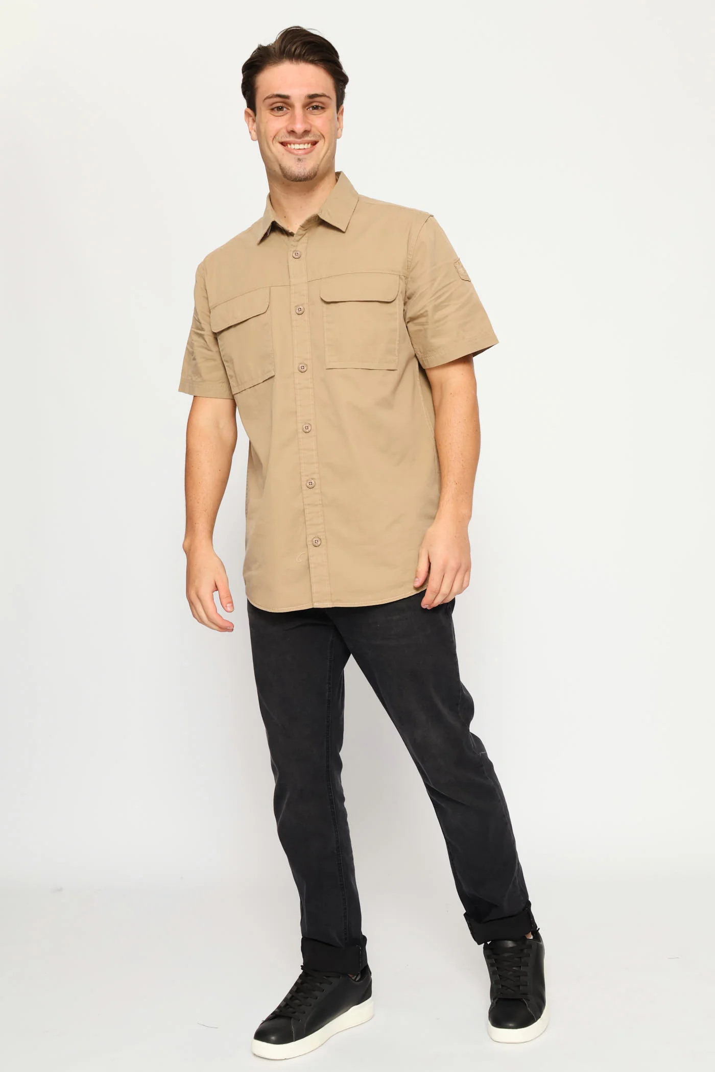 Short Sleeve Flap Pocket Badge Shirt - Taupe - Image 6