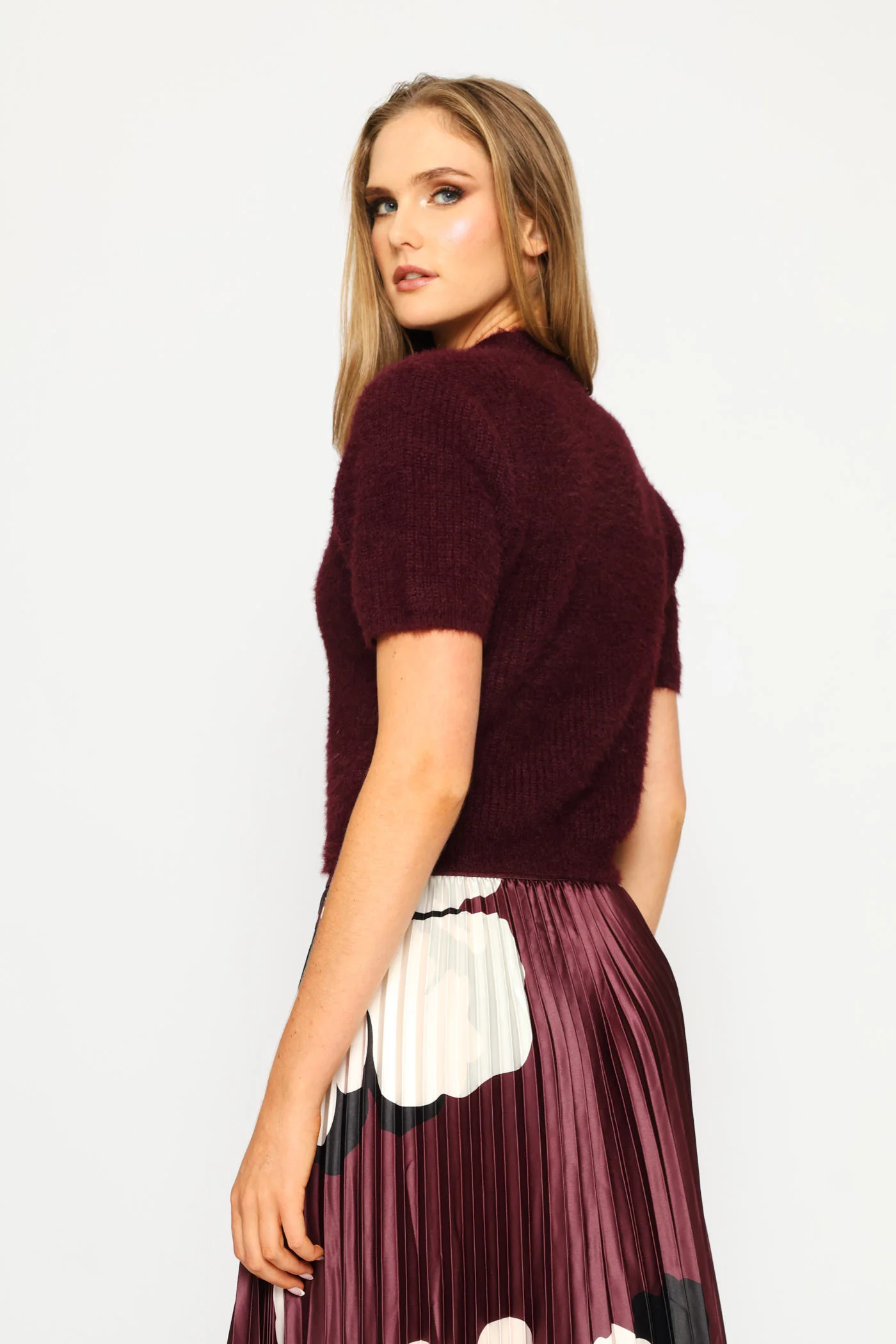 Short Sleeve Fluffy Pullover - Plum - Image 4