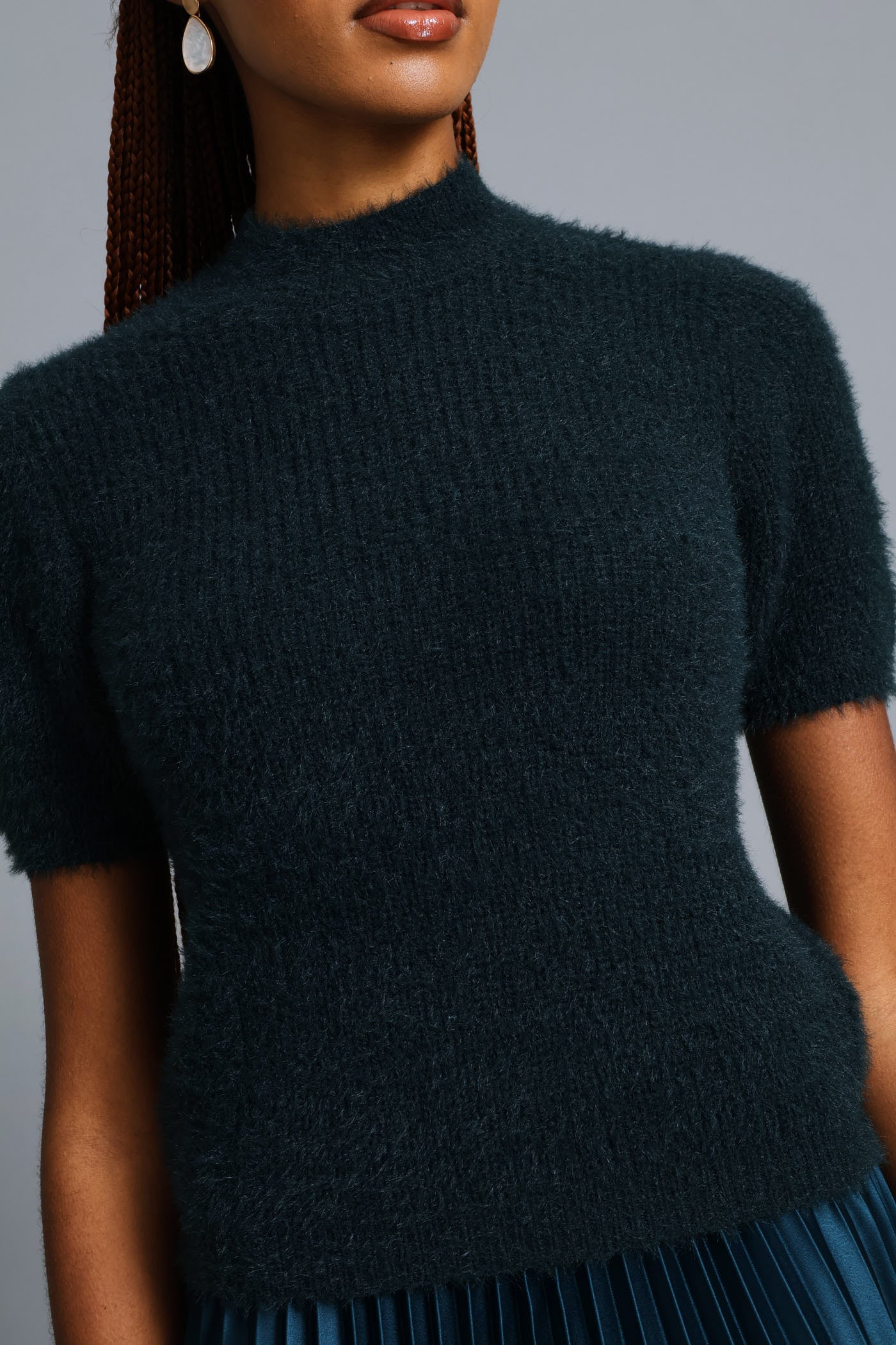 Short Sleeve Fluffy Pullover - Teal - Image 2