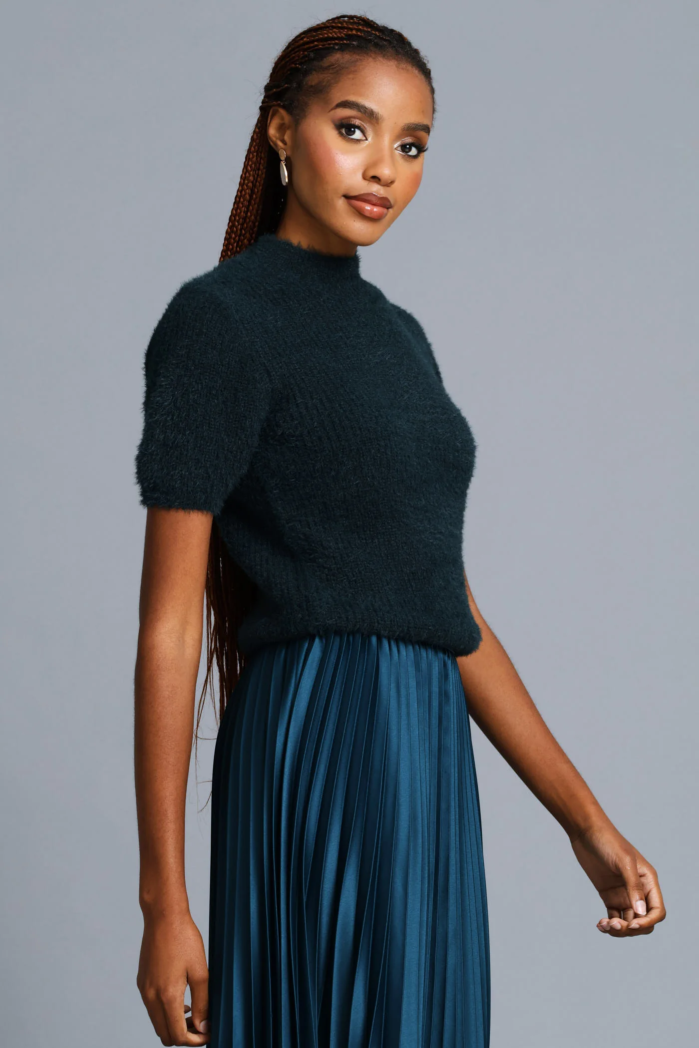 Short Sleeve Fluffy Pullover - Teal - Image 3