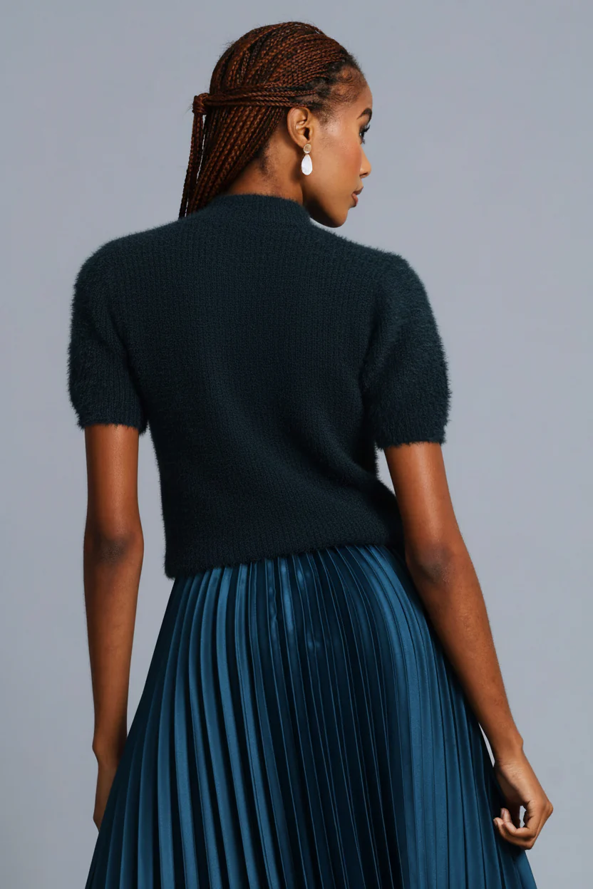 Short Sleeve Fluffy Pullover - Teal - Image 4