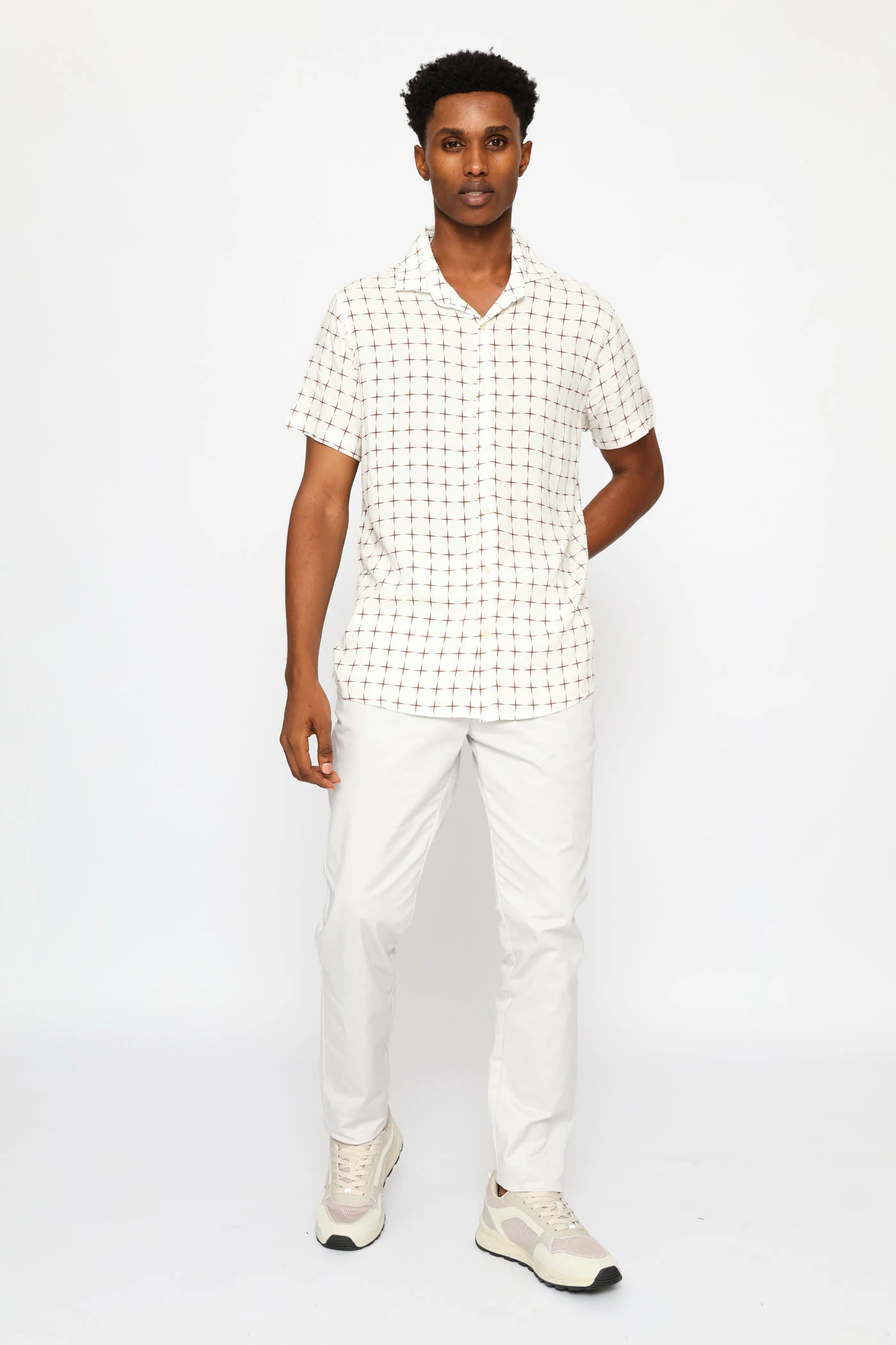 Short Sleeve Geometric Cross Viscose Shirt - Stone/Red - Image 6