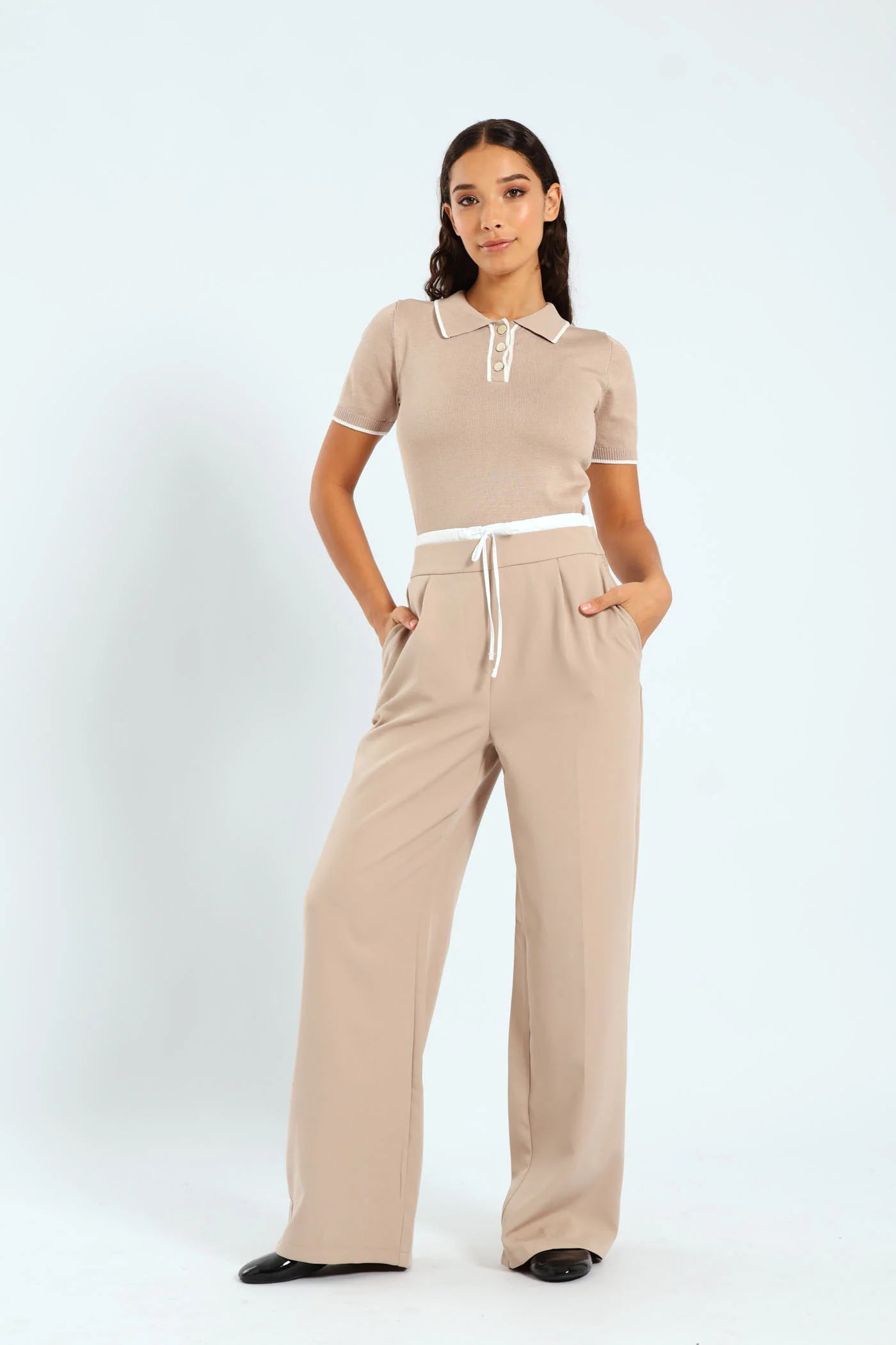 Short Sleeve Golfer With Contrast Detail - Stone - Image 2