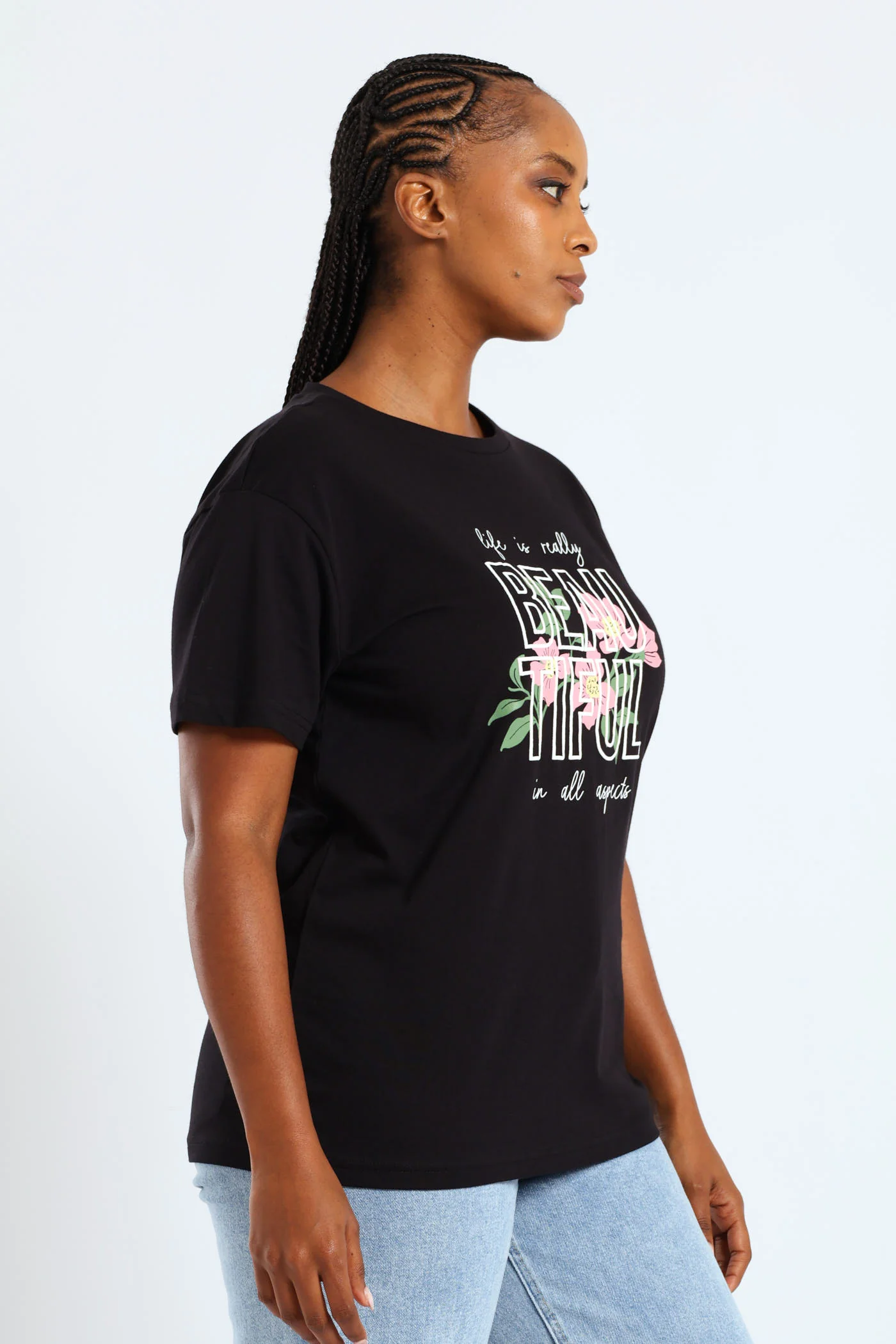 Short Sleeve Life Is Really Beautiful Flower Puff Regular Tee - Black - Image 2