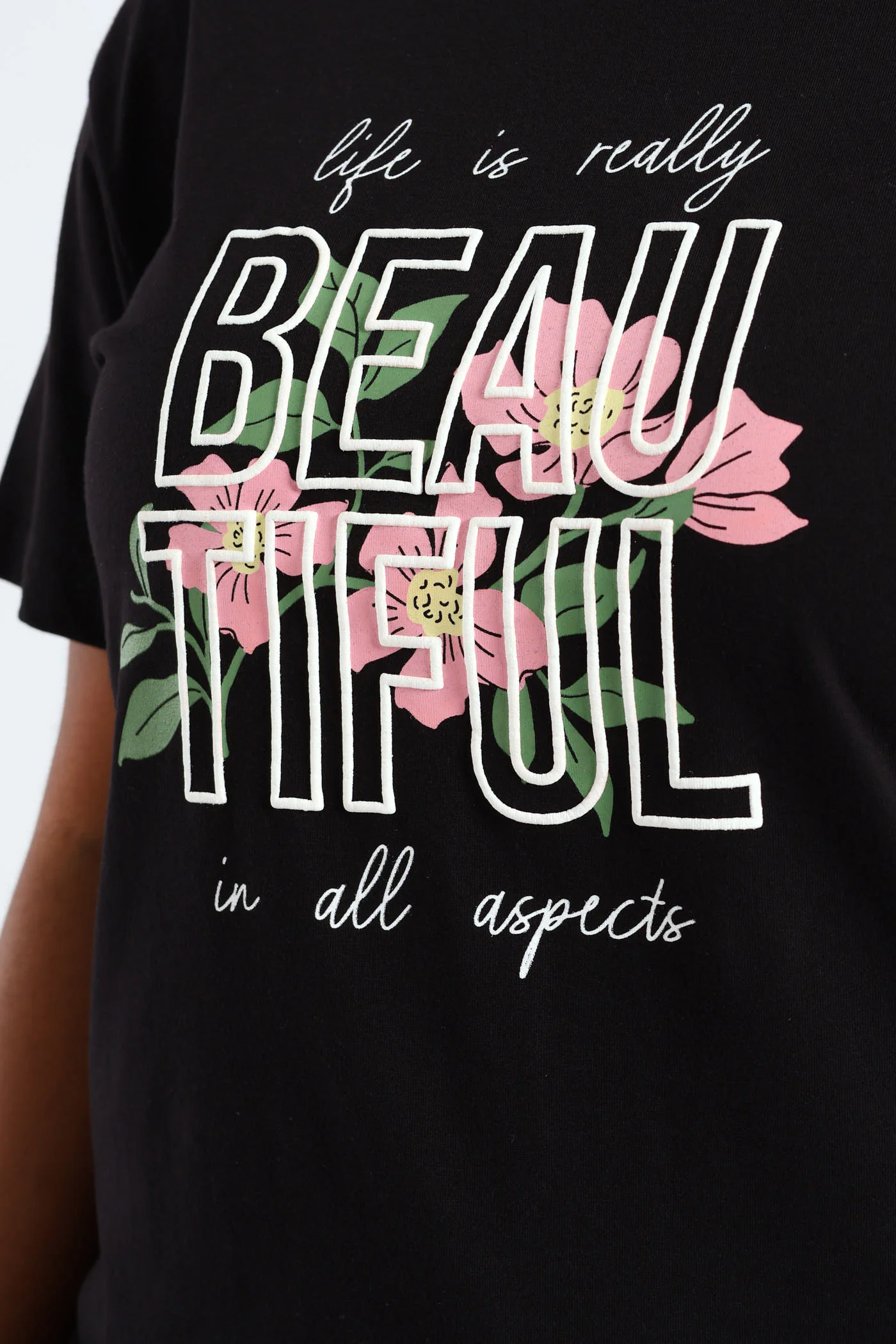 Short Sleeve Life Is Really Beautiful Flower Puff Regular Tee - Black - Image 4