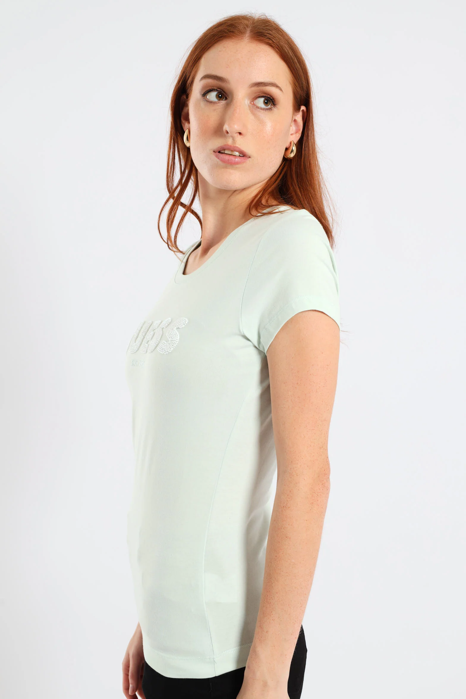 Short Sleeve Logo String Pearl Beads Tee - Teal - Image 2