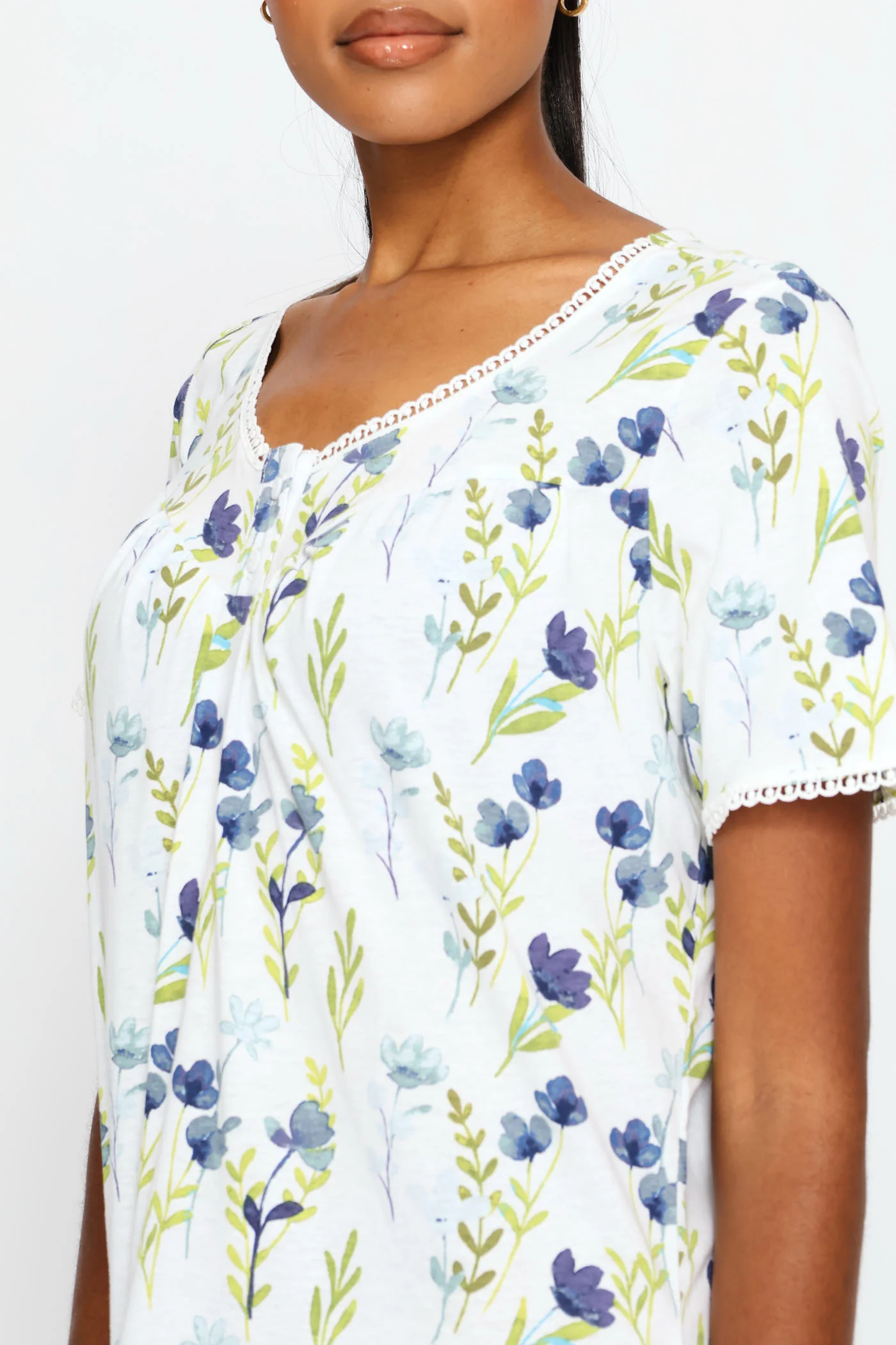 Short Sleeve Long Length Sleepshirt - White/Blue - Image 2