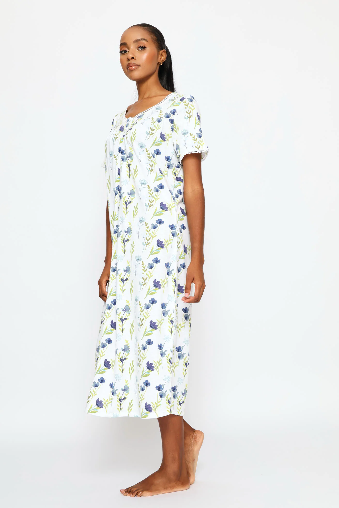 Short Sleeve Long Length Sleepshirt - White/Blue - Image 3