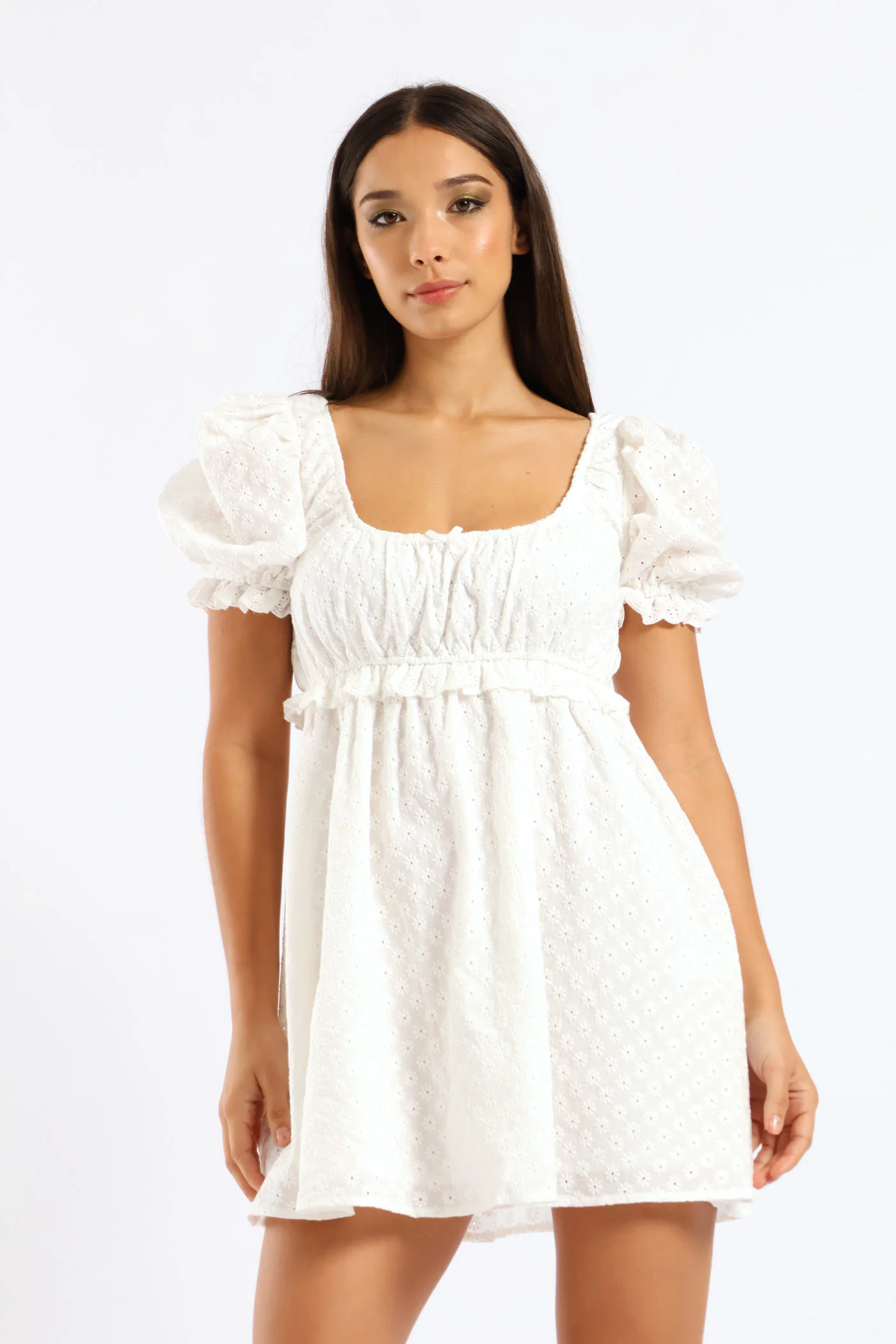 Short Sleeve Mini Babydoll Dress - White - Image 4