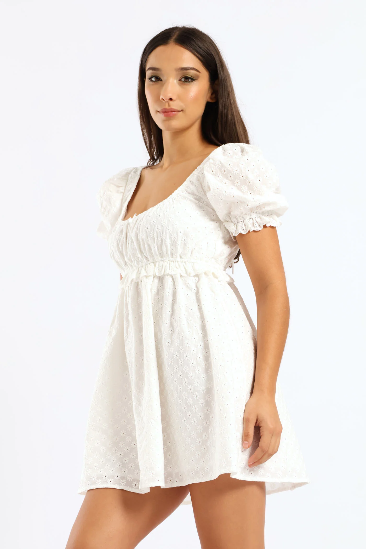 Short Sleeve Mini Babydoll Dress - White - Image 5