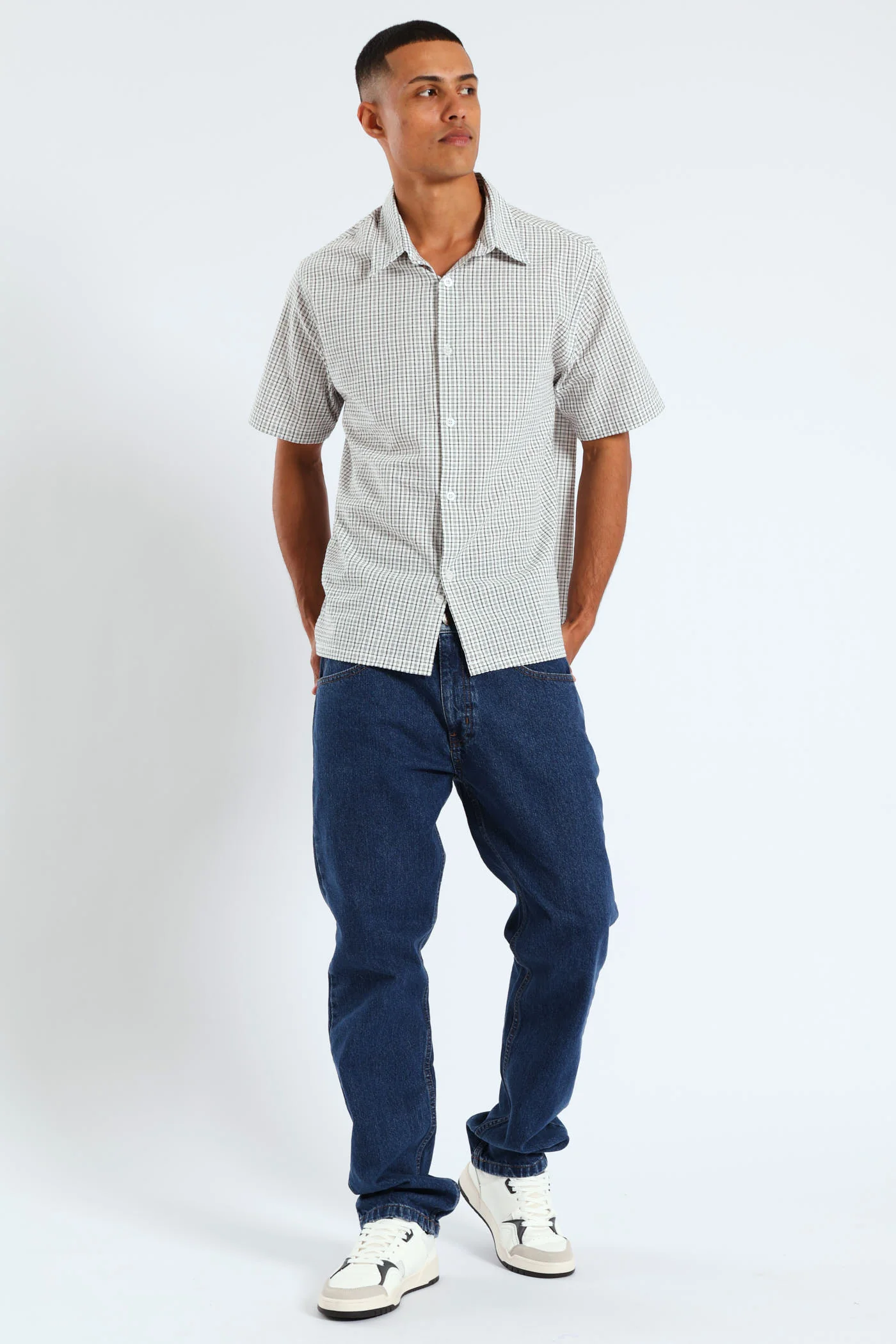 Short Sleeve Mini Check Shirt - Stone - Image 2