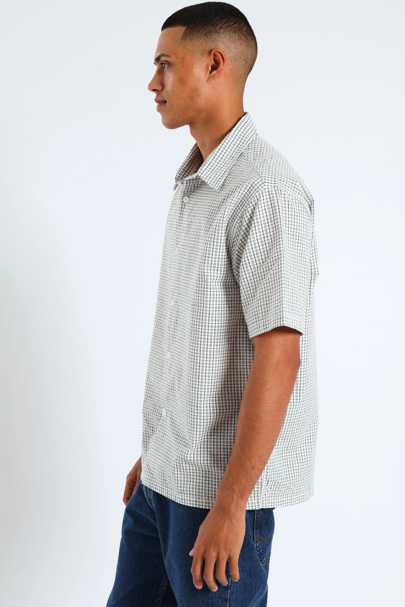 Short Sleeve Mini Check Shirt - Stone - Image 3