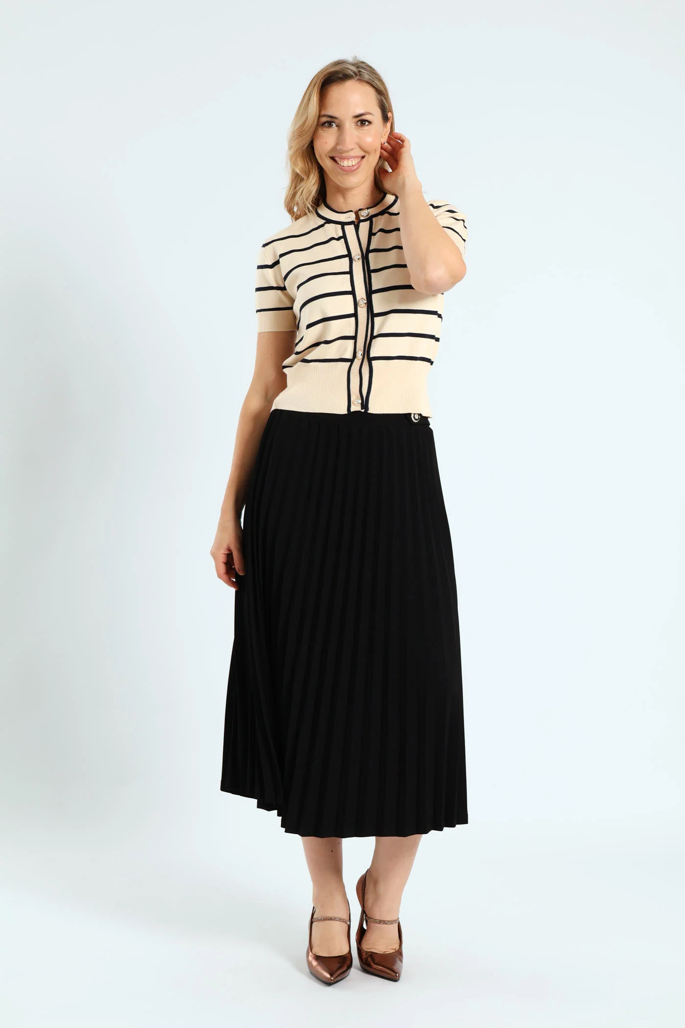 Short Sleeve Narrow Striped Cardigan - Taupe - Image 2