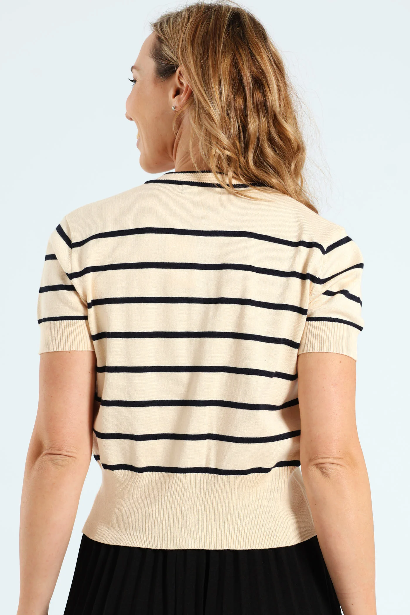 Short Sleeve Narrow Striped Cardigan - Taupe - Image 5