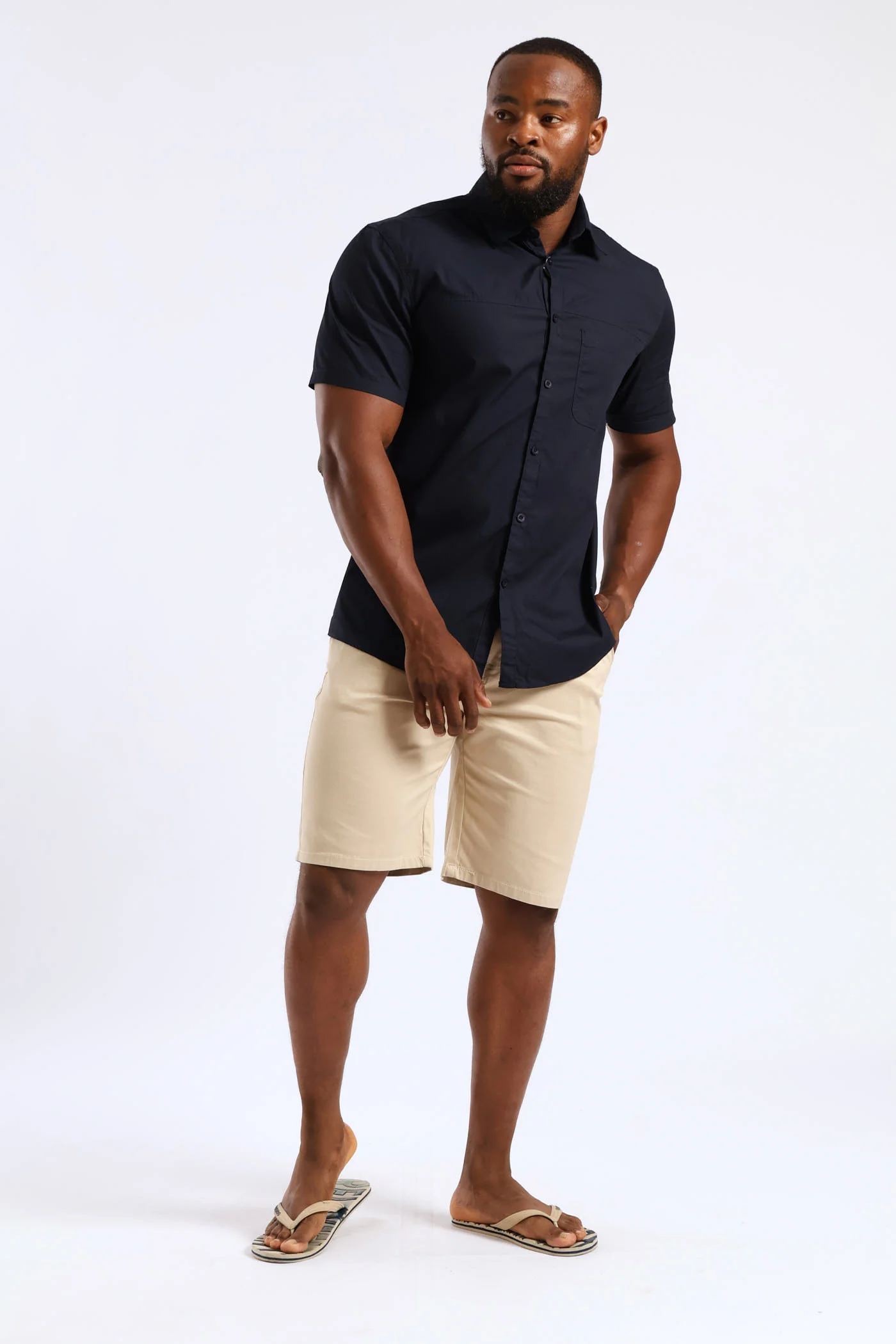 Short Sleeve Panel Poplin Shirt - Navy - Image 3