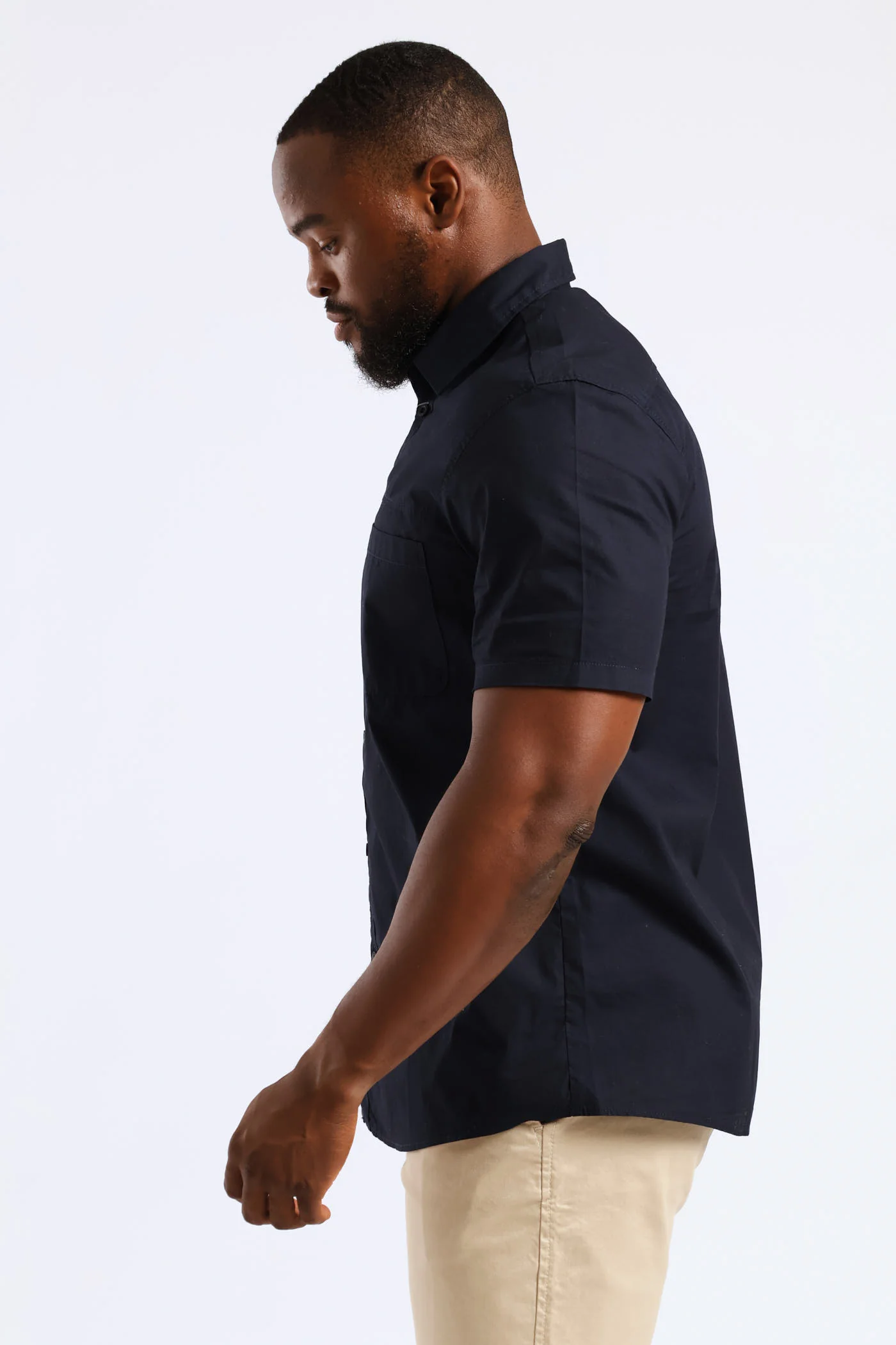 Short Sleeve Panel Poplin Shirt - Navy - Image 4