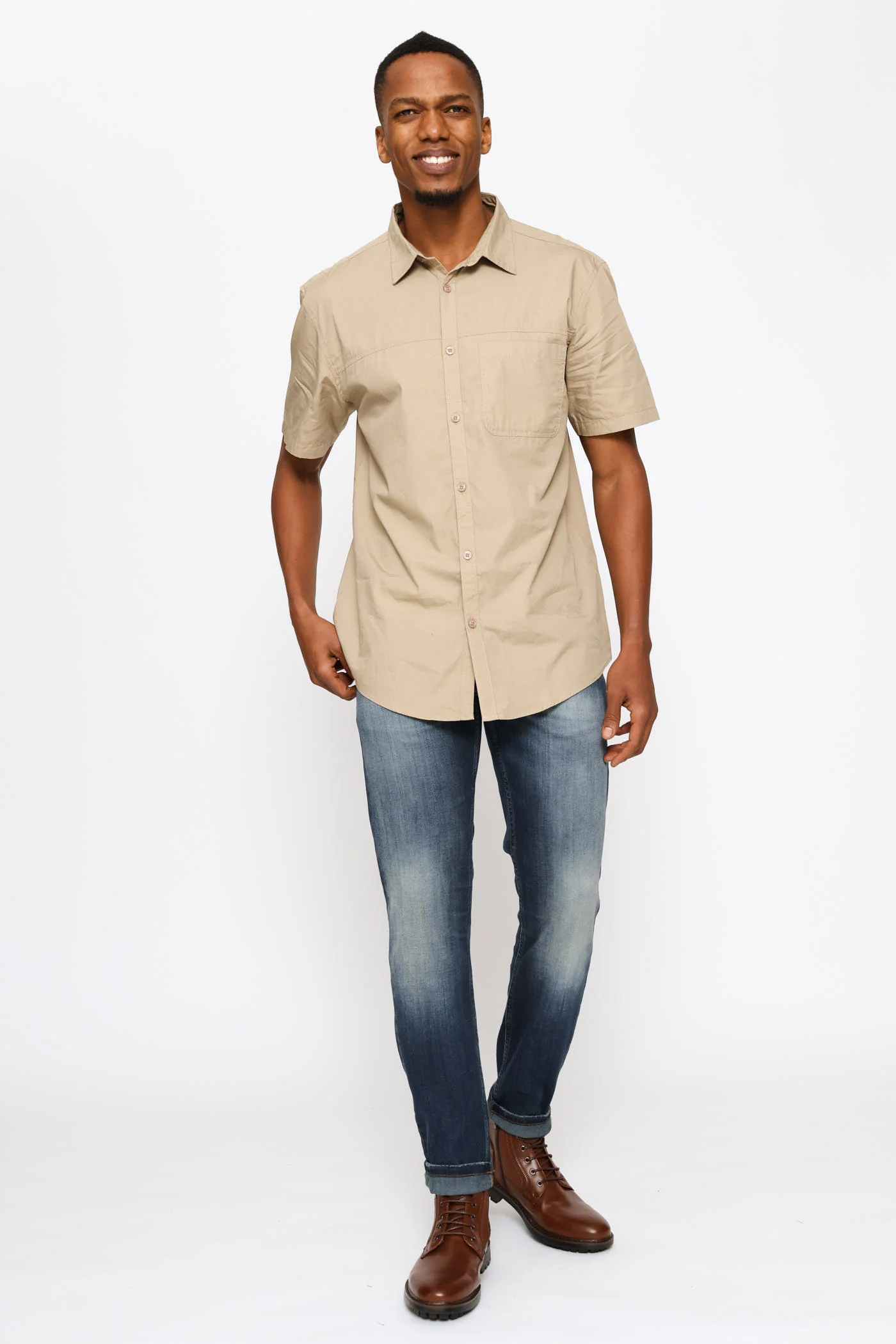 Short Sleeve Panel Poplin Shirt - Taupe - Image 4