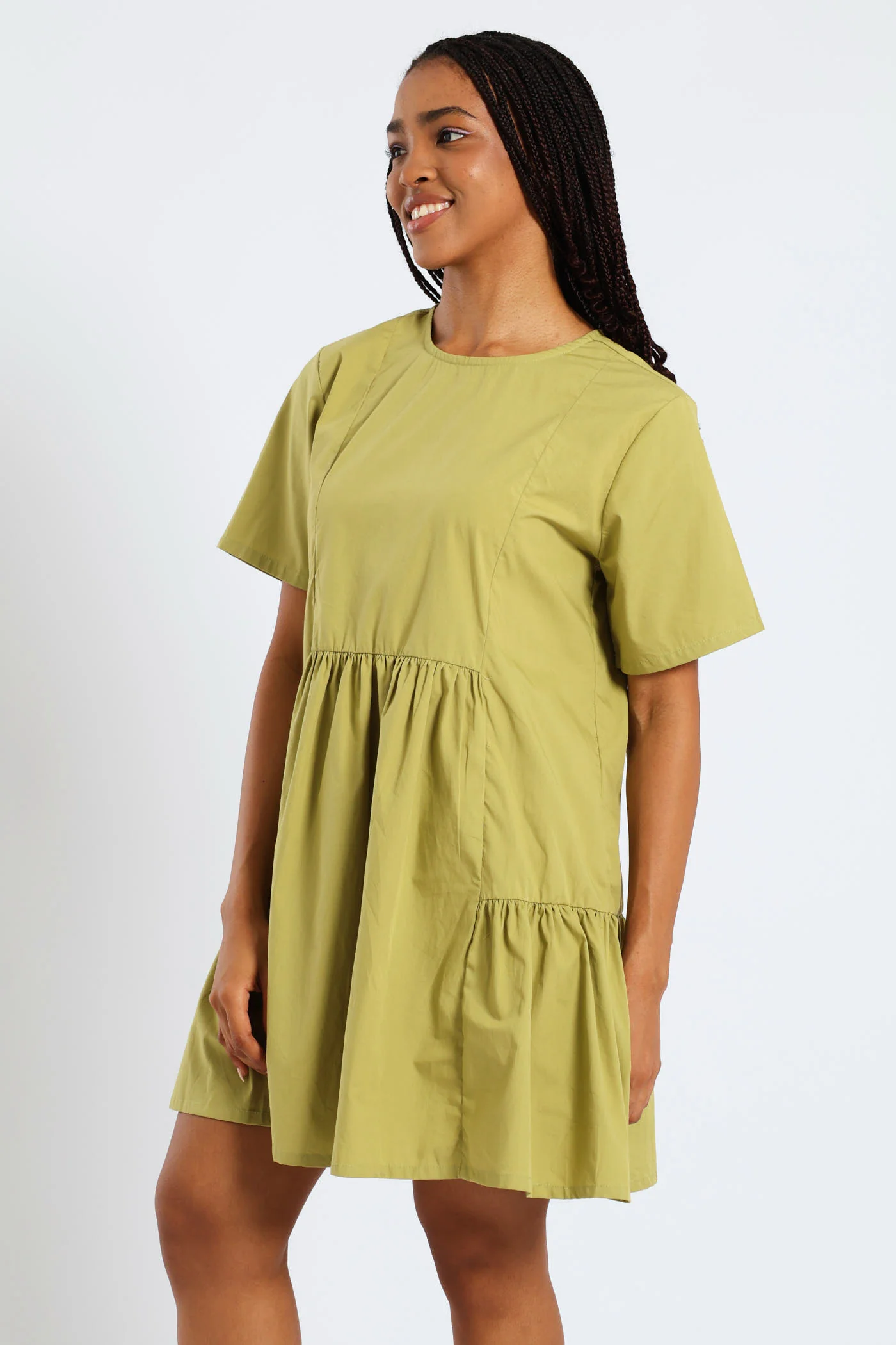Short Sleeve Panelled Tie Back Mini Dress - Green - Image 2