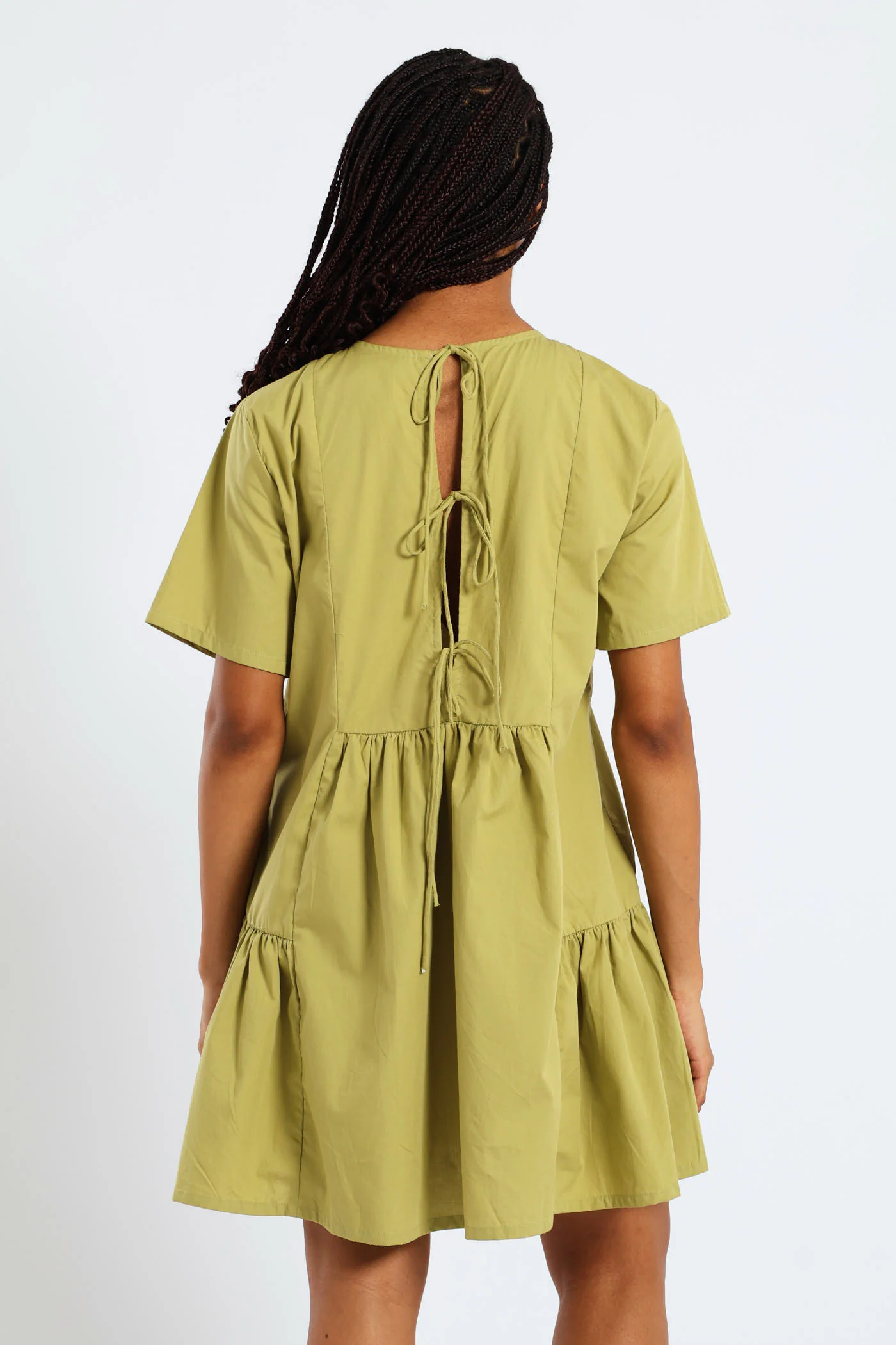 Short Sleeve Panelled Tie Back Mini Dress - Green - Image 3
