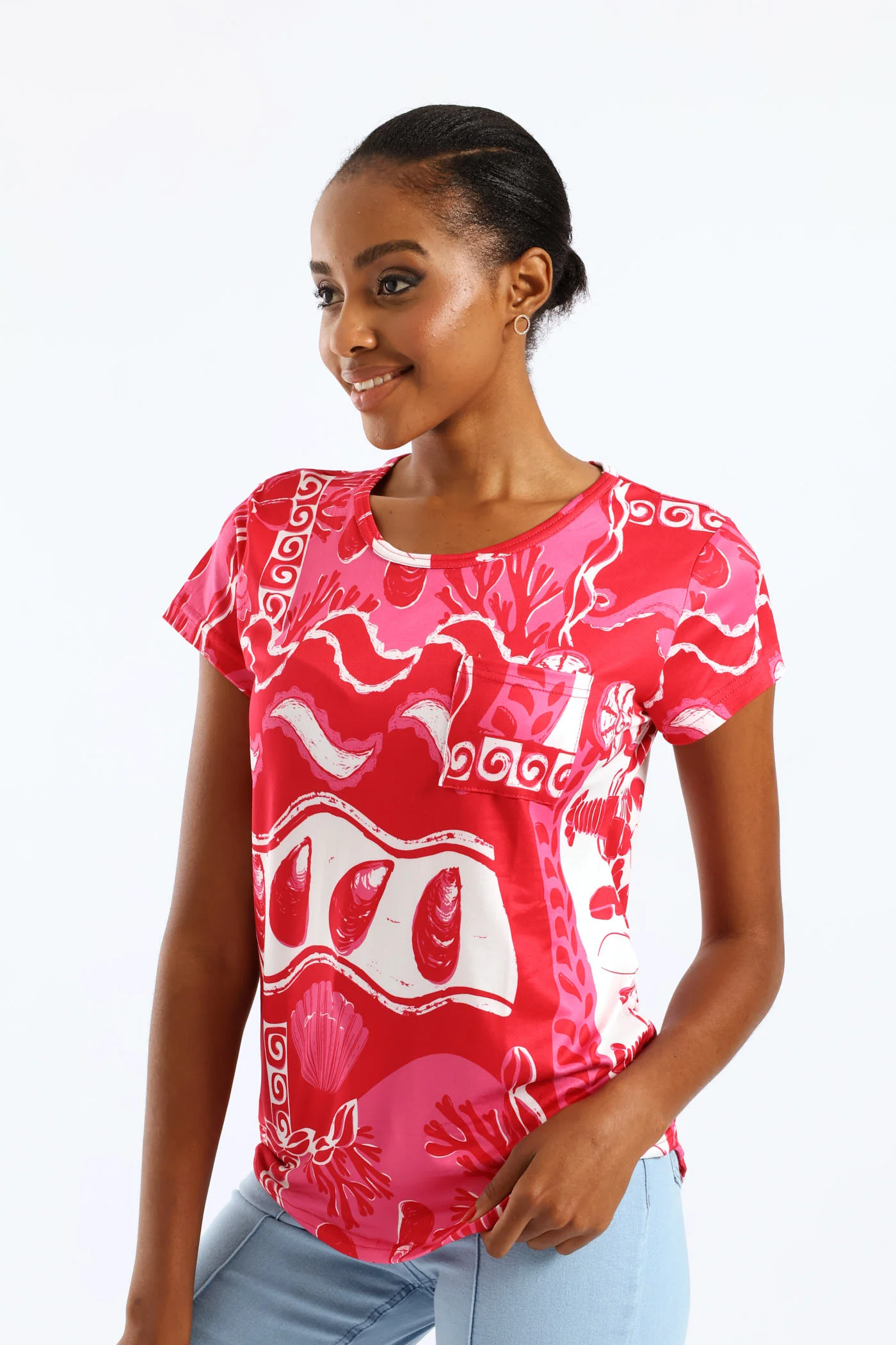 Short Sleeve Print Pocket Tee - Red/Pink - Image 4
