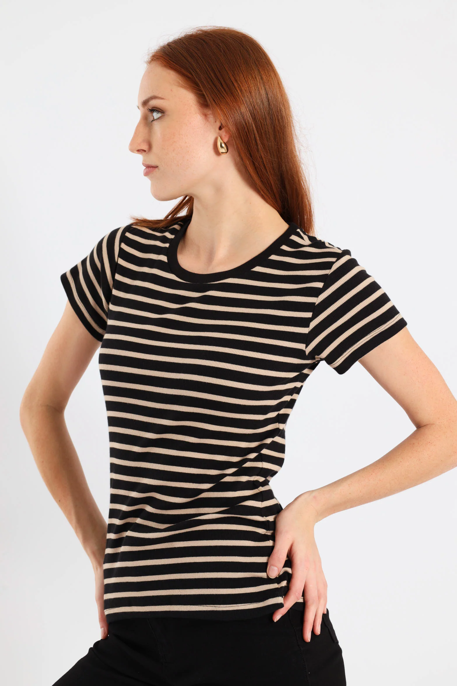 Short Sleeve Rib Fitted Stripe Tee - Black/Beige - Image 3