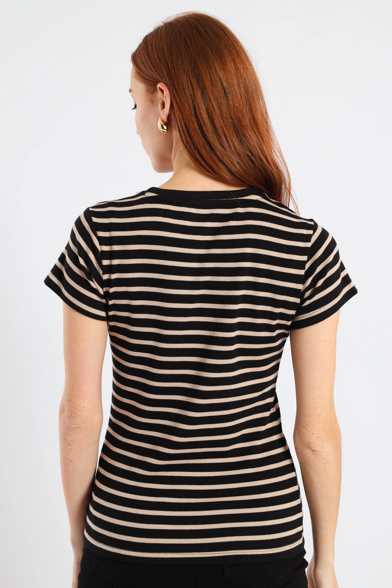 Short Sleeve Rib Fitted Stripe Tee - Black/Beige - Image 4