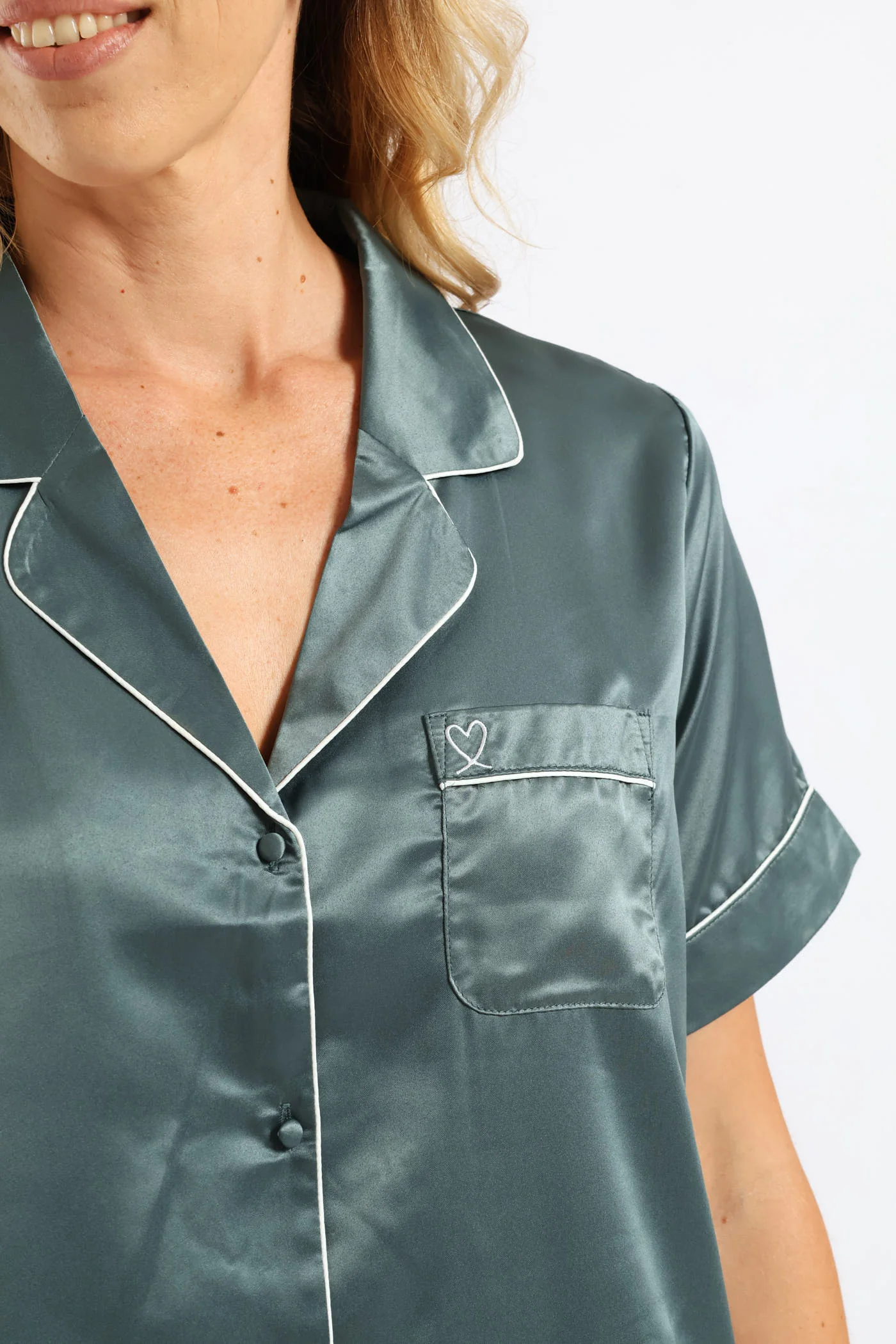 Short Sleeve Satin Button Sleepshirt - Mid Green - Image 2