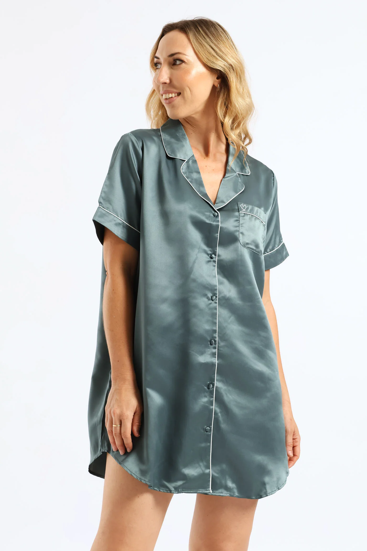 Short Sleeve Satin Button Sleepshirt - Mid Green - Image 3