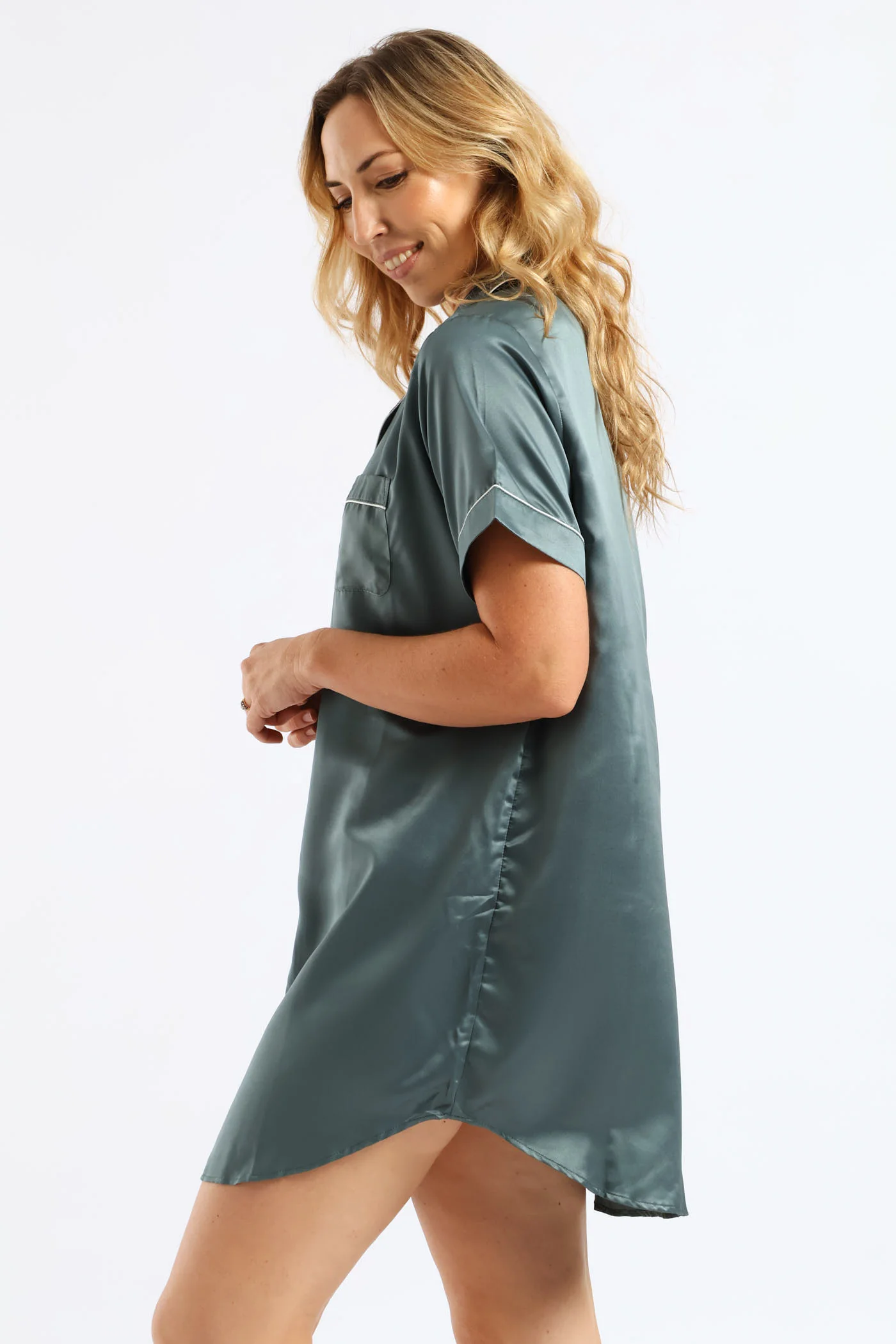 Short Sleeve Satin Button Sleepshirt - Mid Green - Image 4