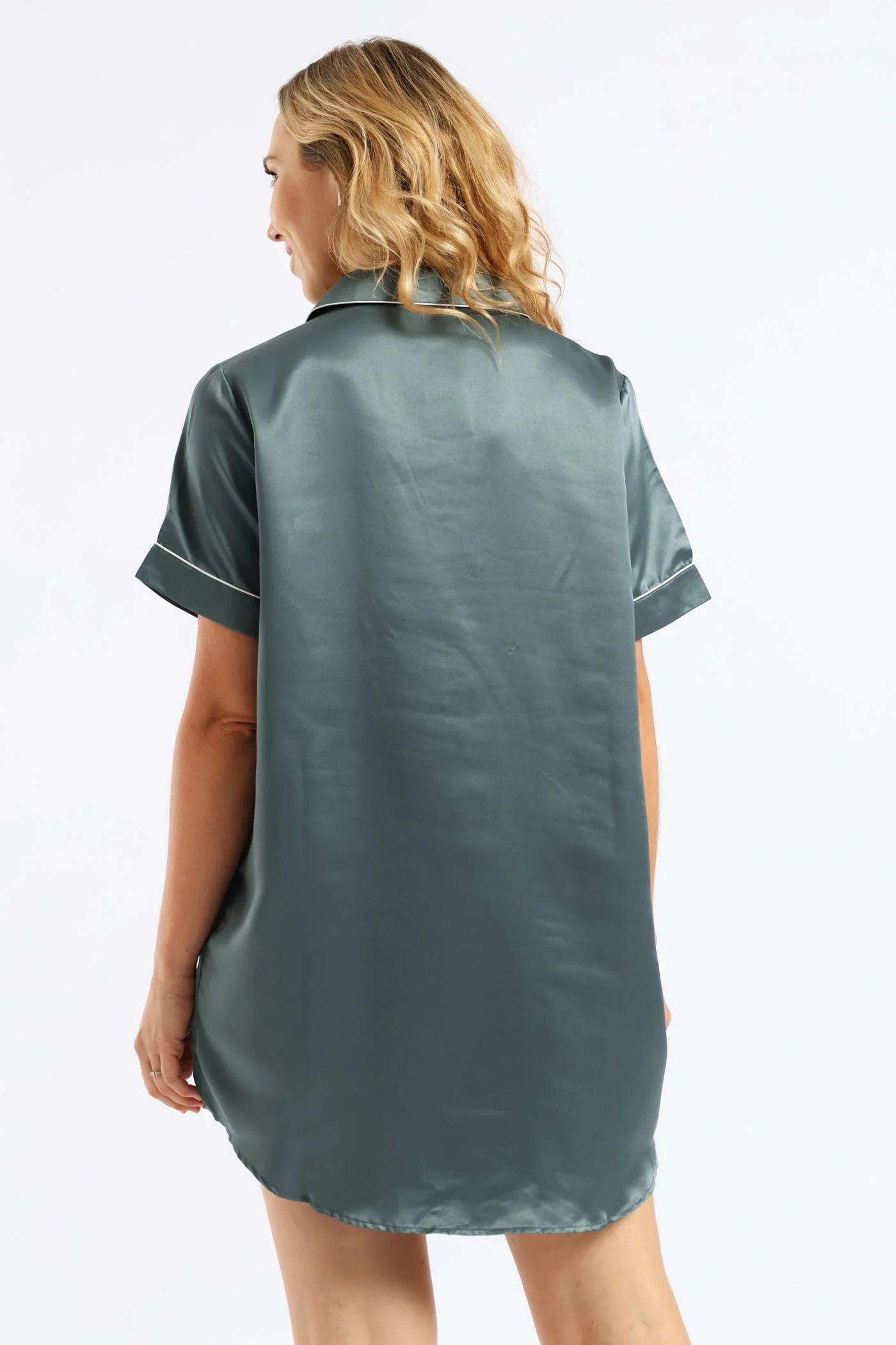 Short Sleeve Satin Button Sleepshirt - Mid Green - Image 5
