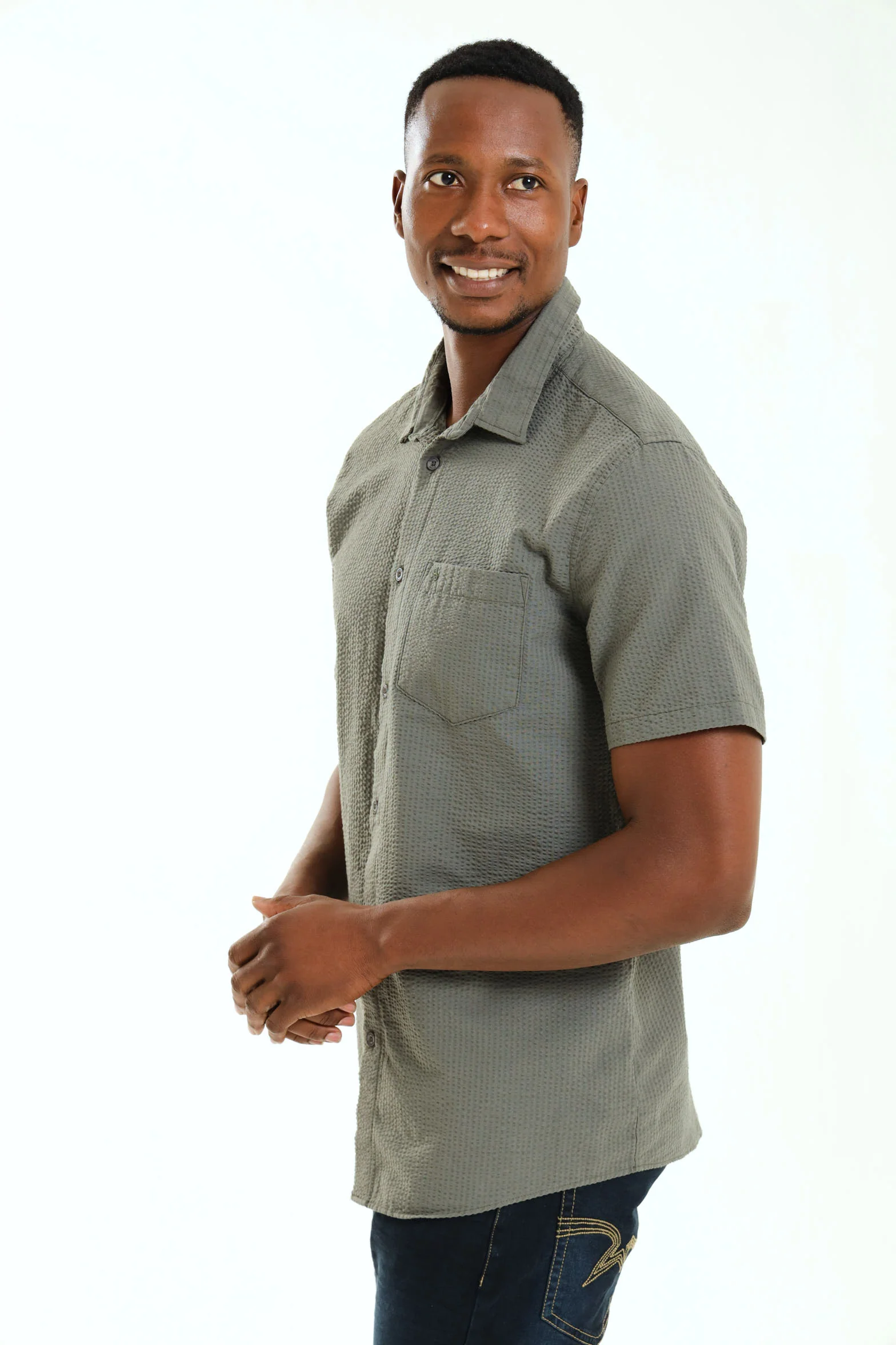 Short Sleeve Seersucker Shirt - Moss Green - Image 3