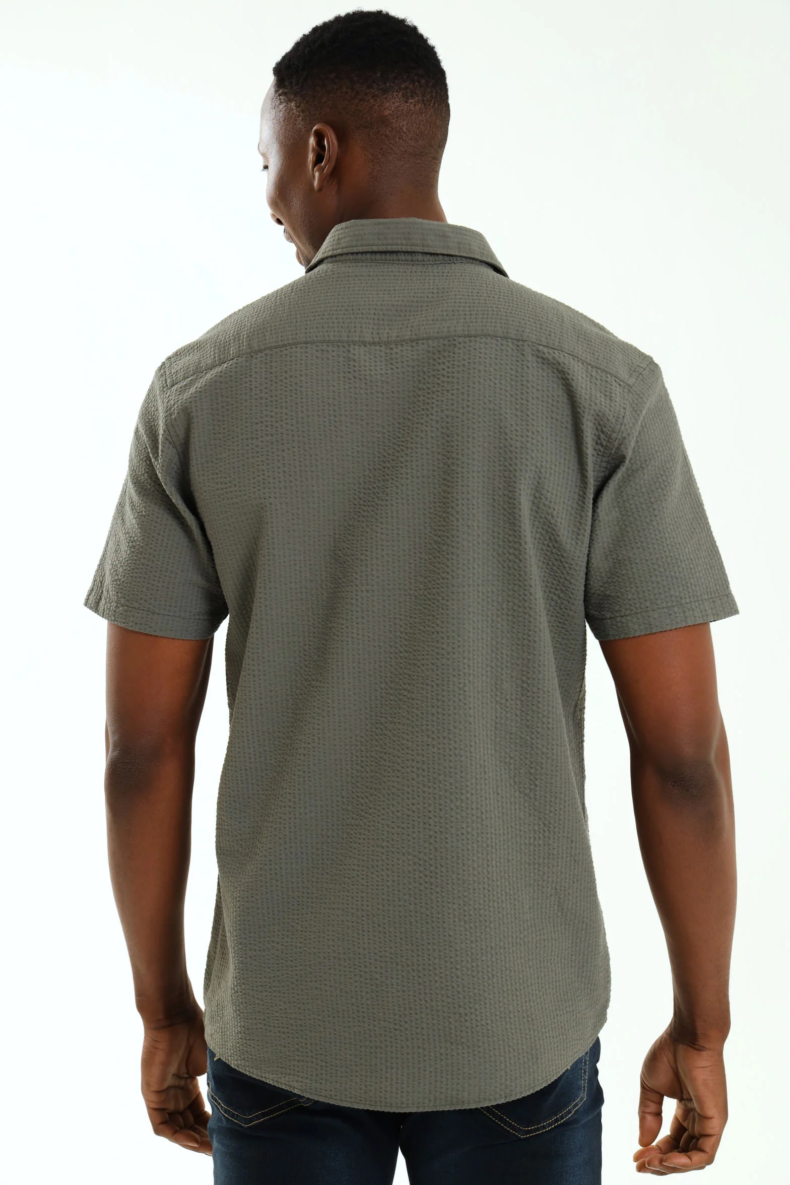 Short Sleeve Seersucker Shirt - Moss Green - Image 4