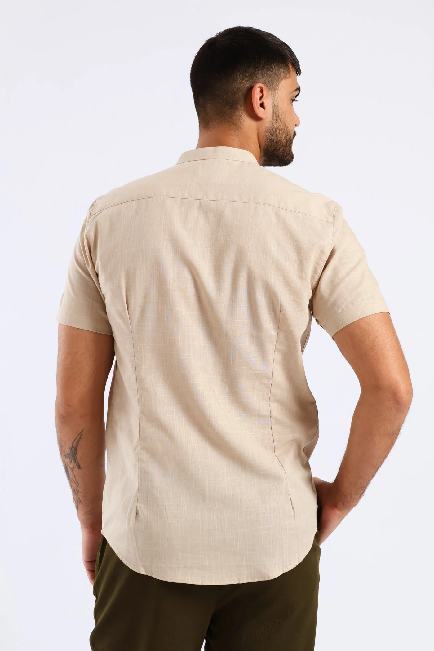 Short Sleeve Slim Linen Look Mandarin Shirt - Stone - Image 2
