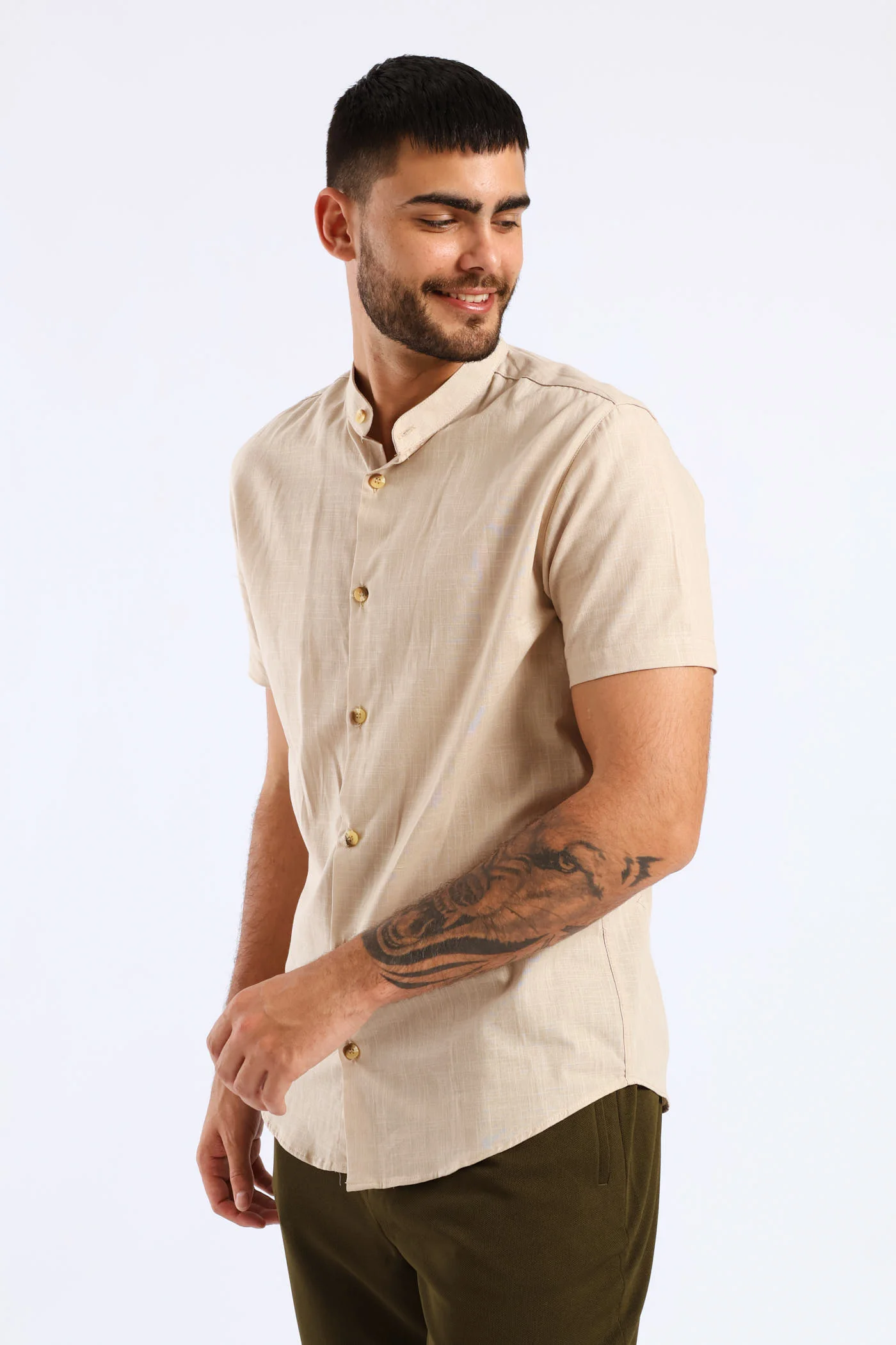 Short Sleeve Slim Linen Look Mandarin Shirt - Stone - Image 3
