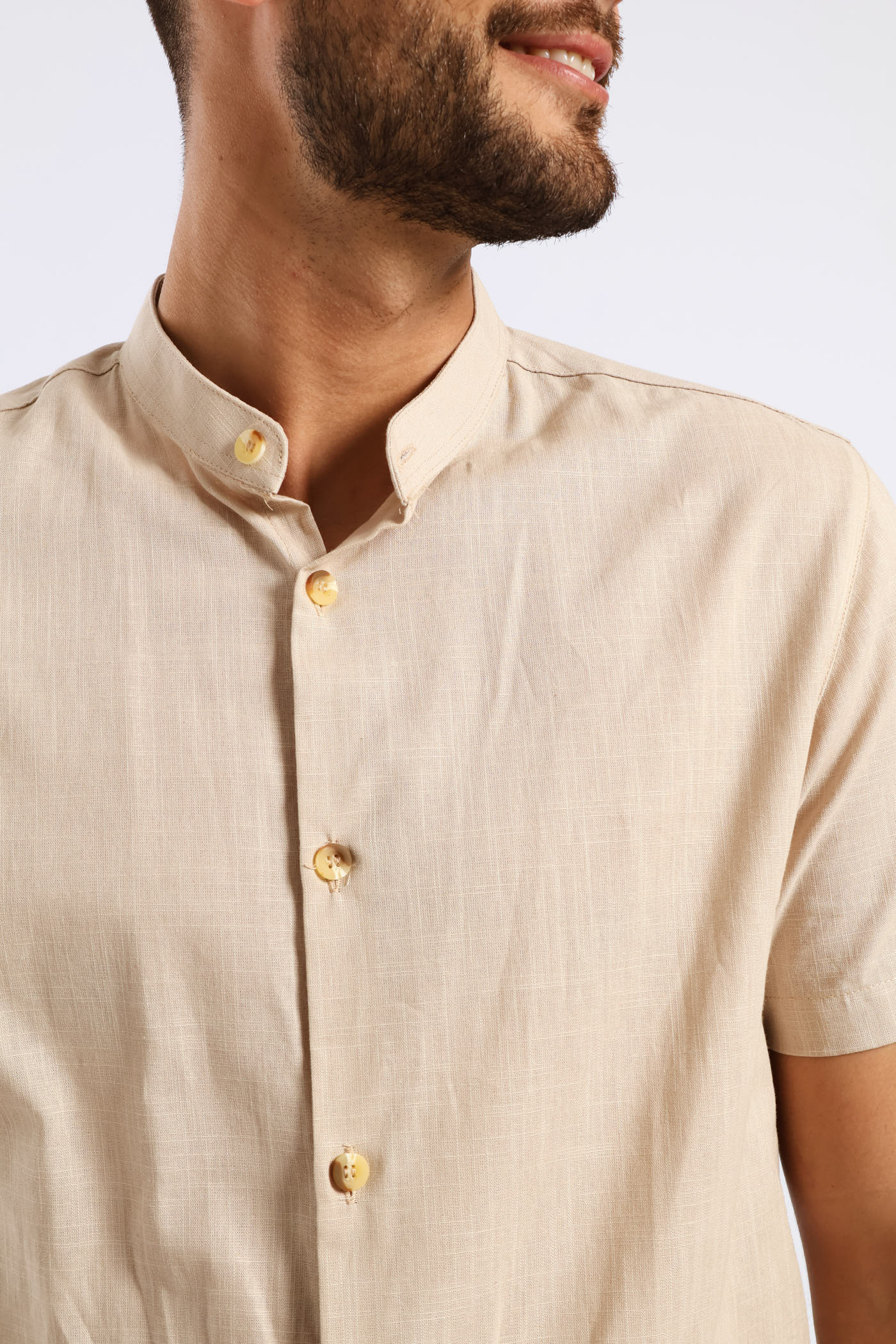 Short Sleeve Slim Linen Look Mandarin Shirt - Stone - Image 4