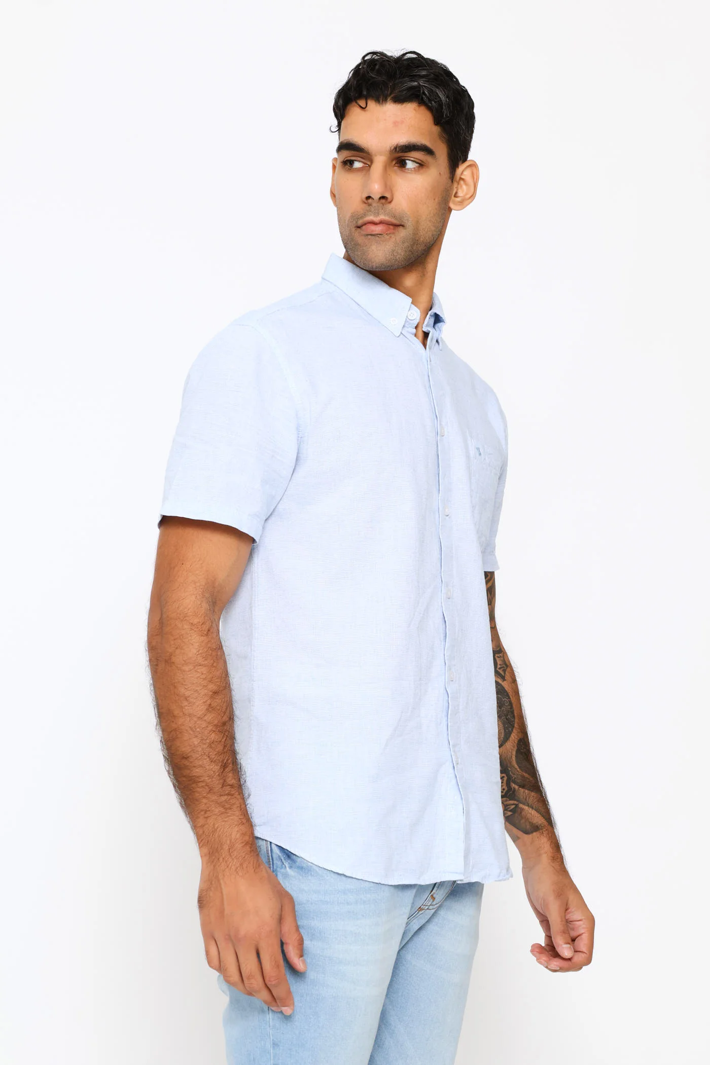 Short Sleeve Slub Shirt - Blue - Image 3