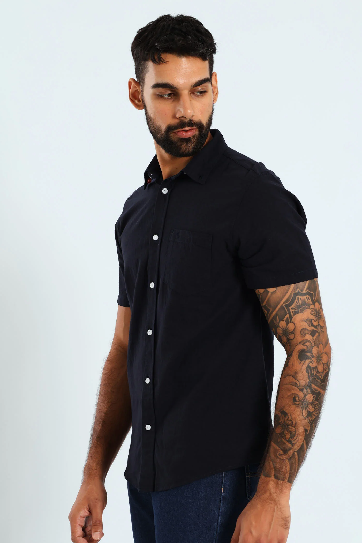 Short Sleeve Slub Shirt - Navy - Image 2