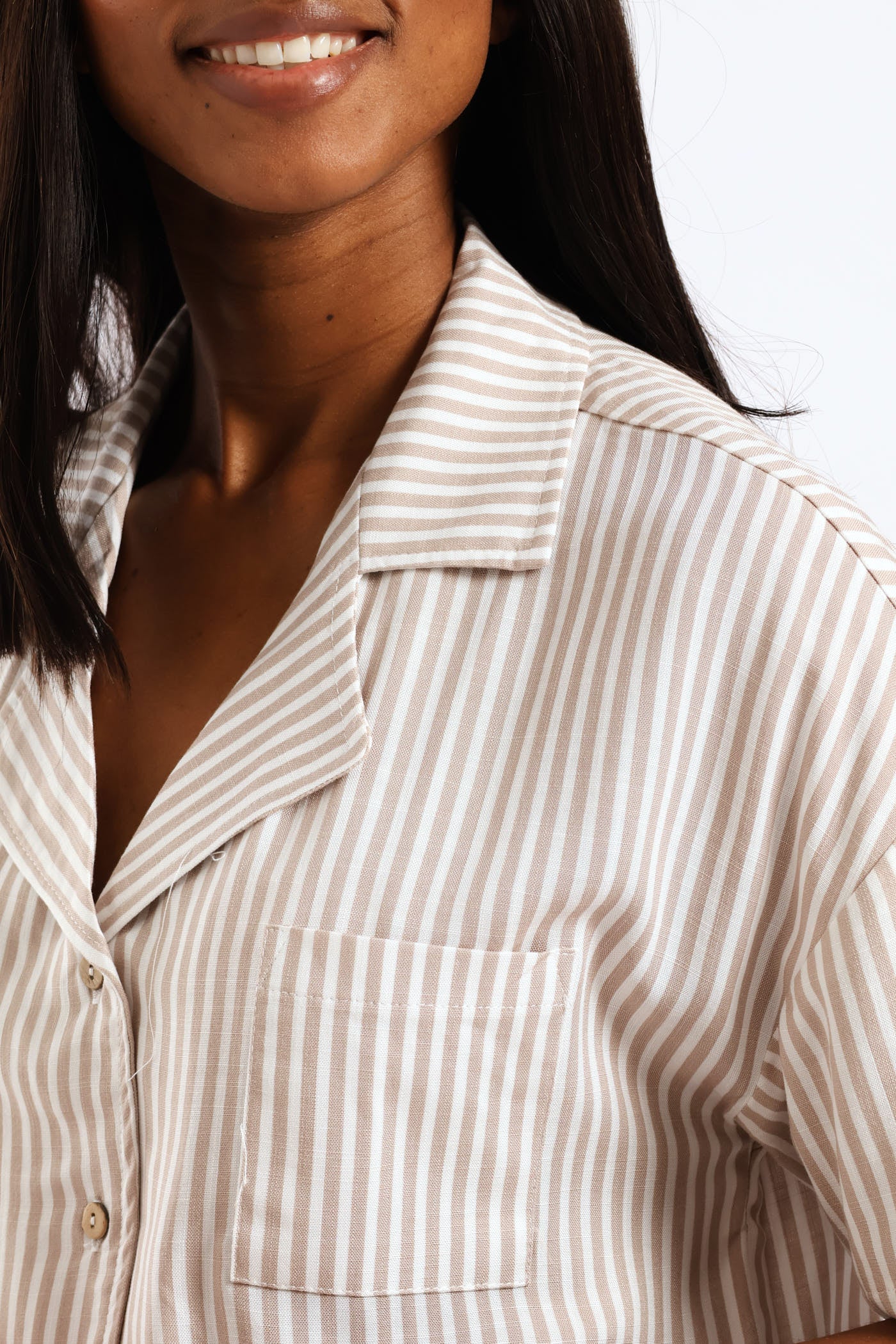 Short Sleeve Stripe Button Through Linen Short Set - Brown - Image 2
