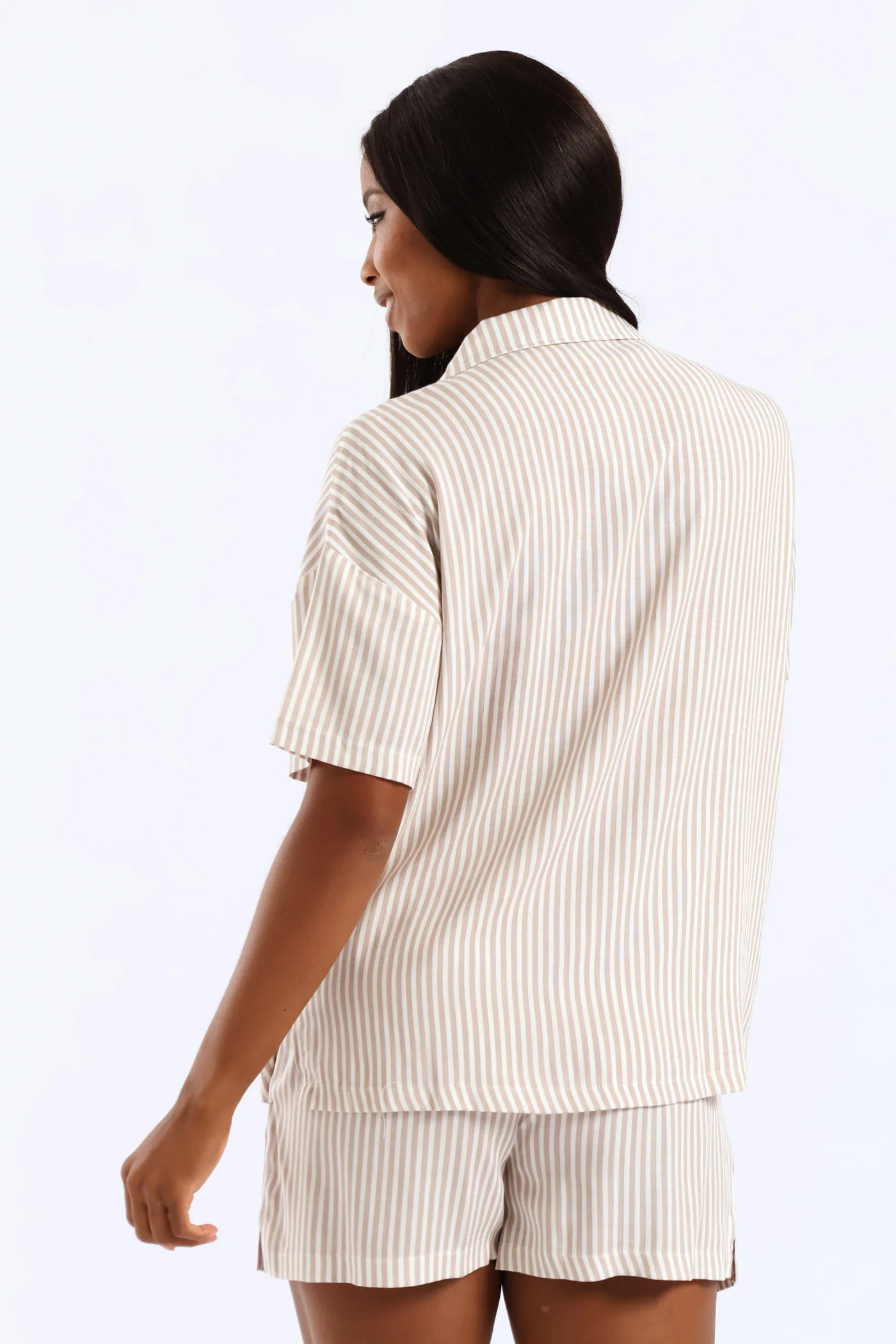 Short Sleeve Stripe Button Through Linen Short Set - Brown - Image 5
