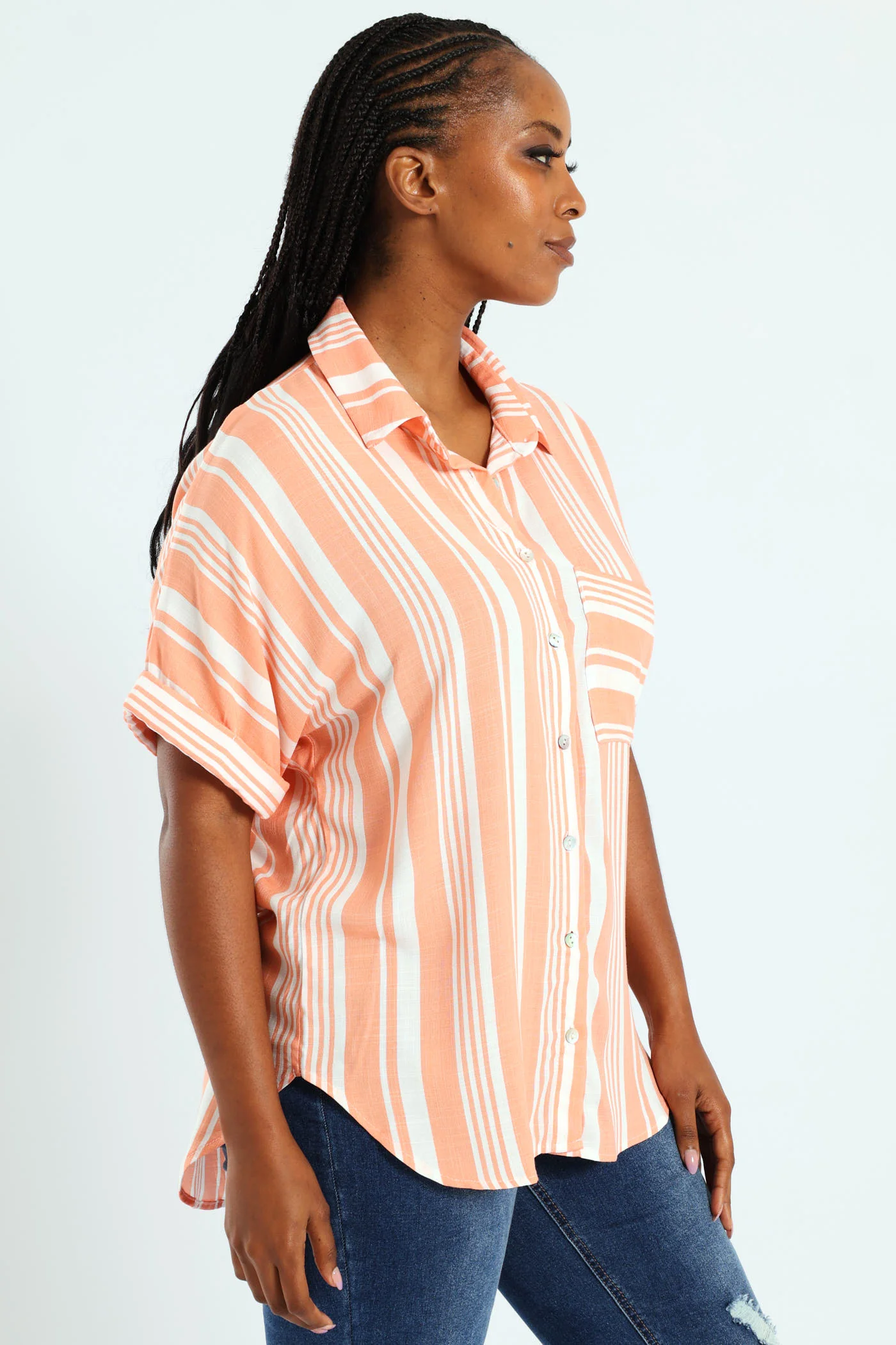Short Sleeve Stripe Easywearing Shirt - Coral - Image 4