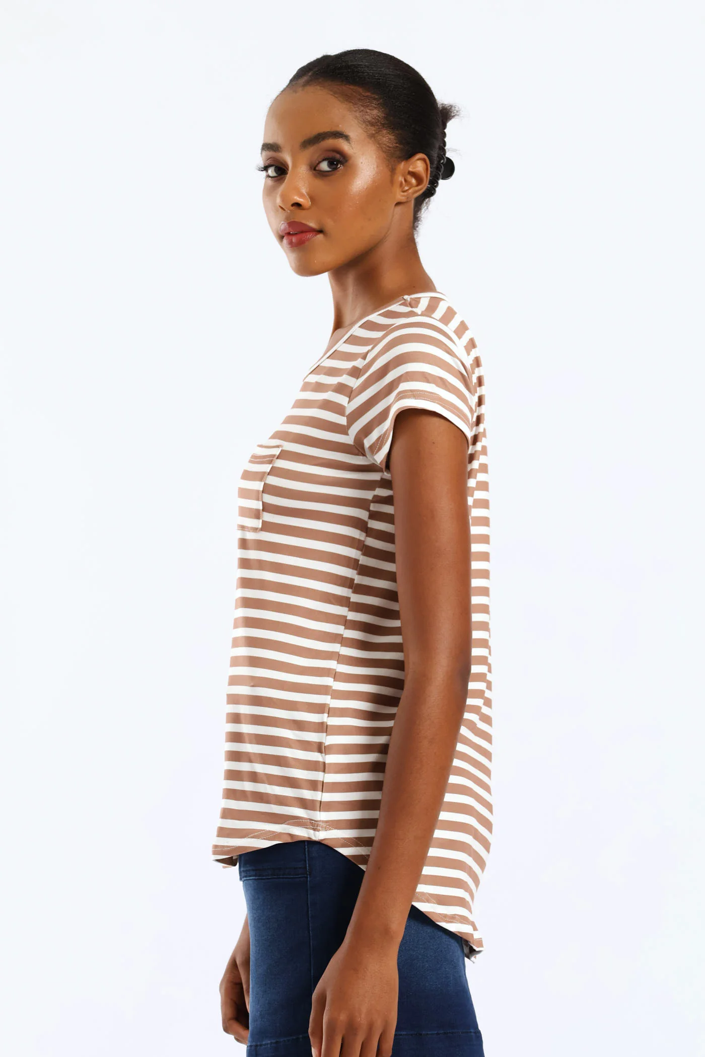 Short Sleeve Stripe Pocket Tee - Caramel/Cream - Image 4