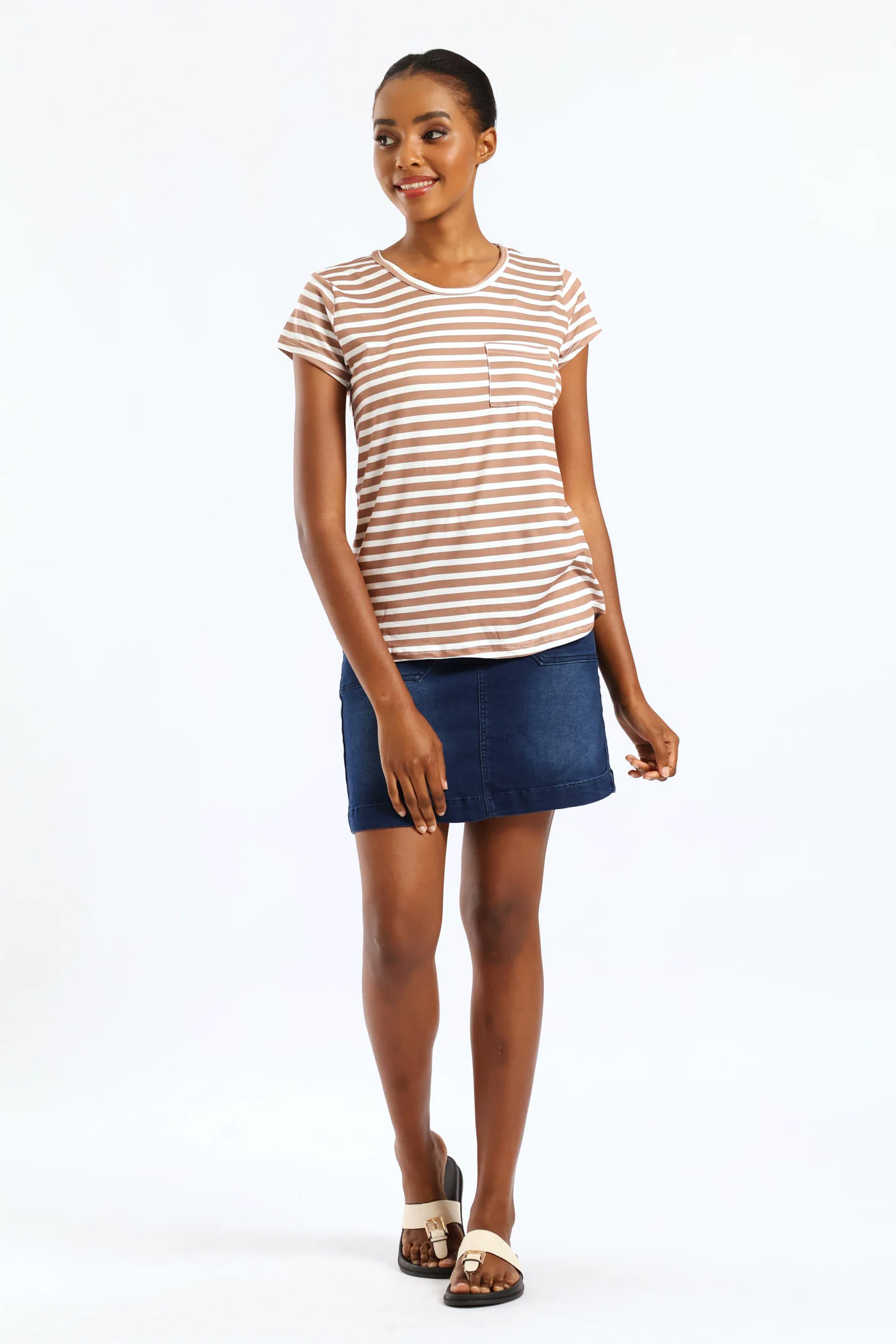 Short Sleeve Stripe Pocket Tee - Caramel/Cream - Image 5