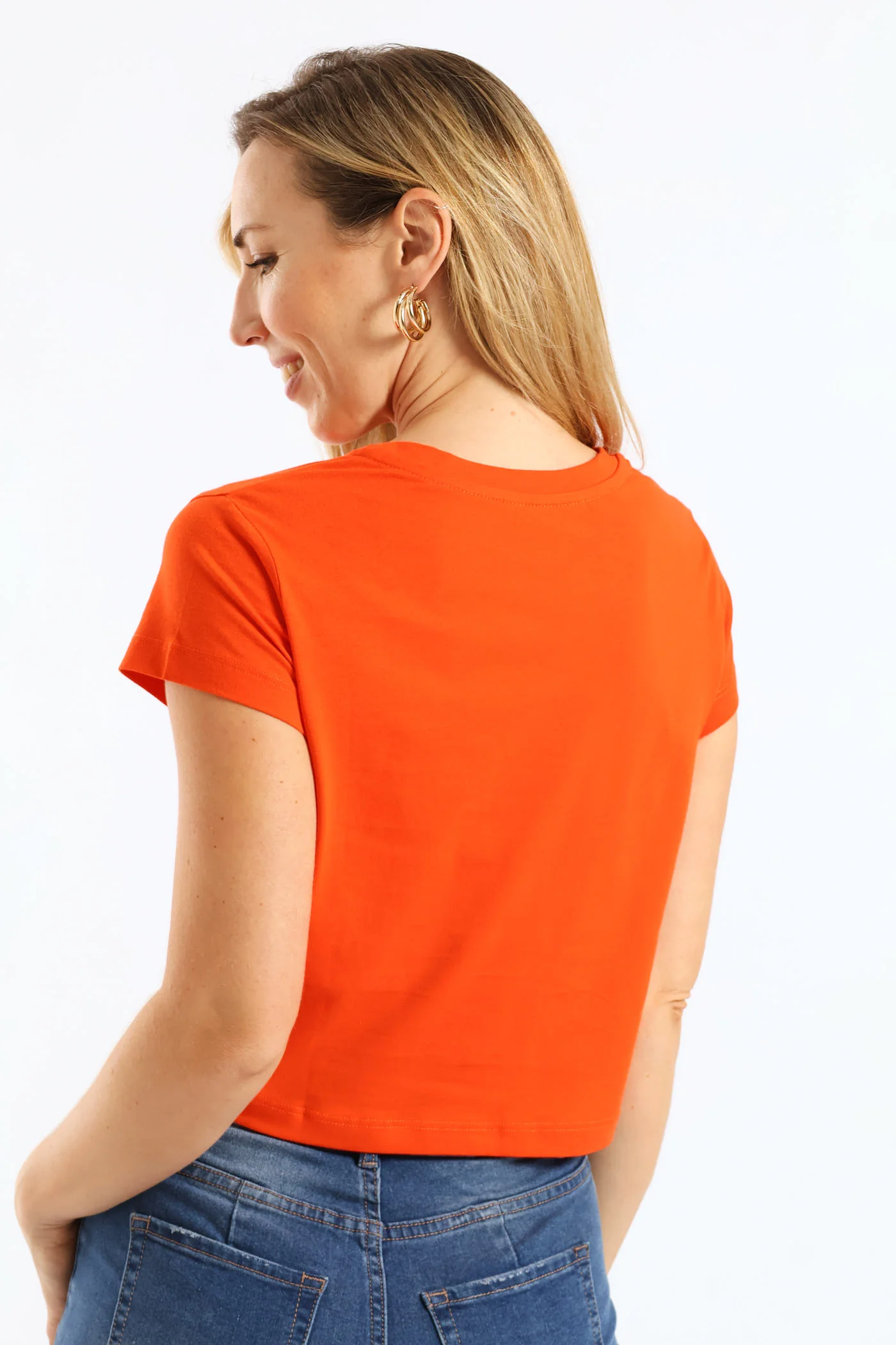 Short Sleeve Tie Front Cotton Tee - Bright Orange - Image 5
