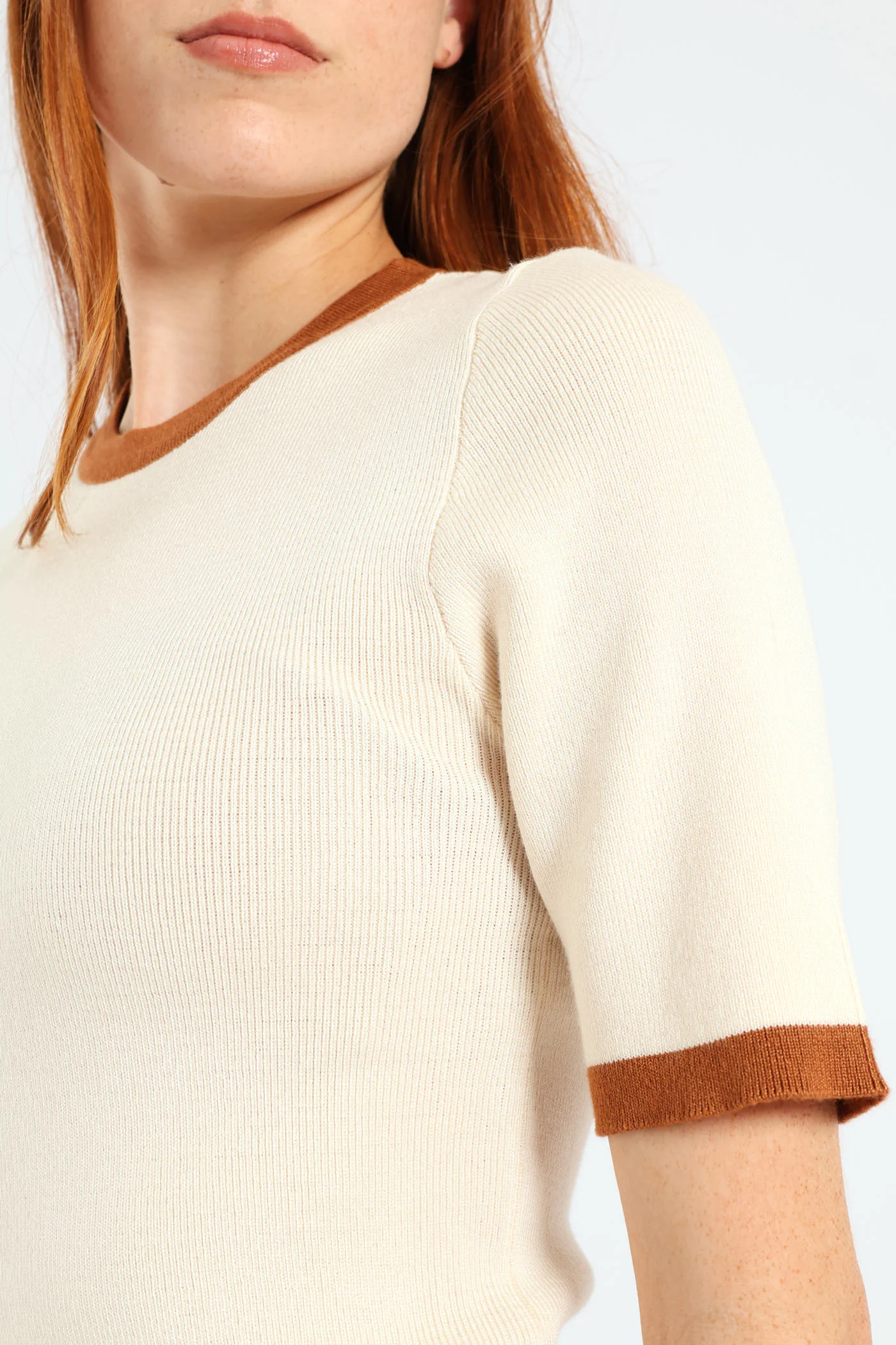 Short Sleeve Tipped Pullover - Brown - Image 4