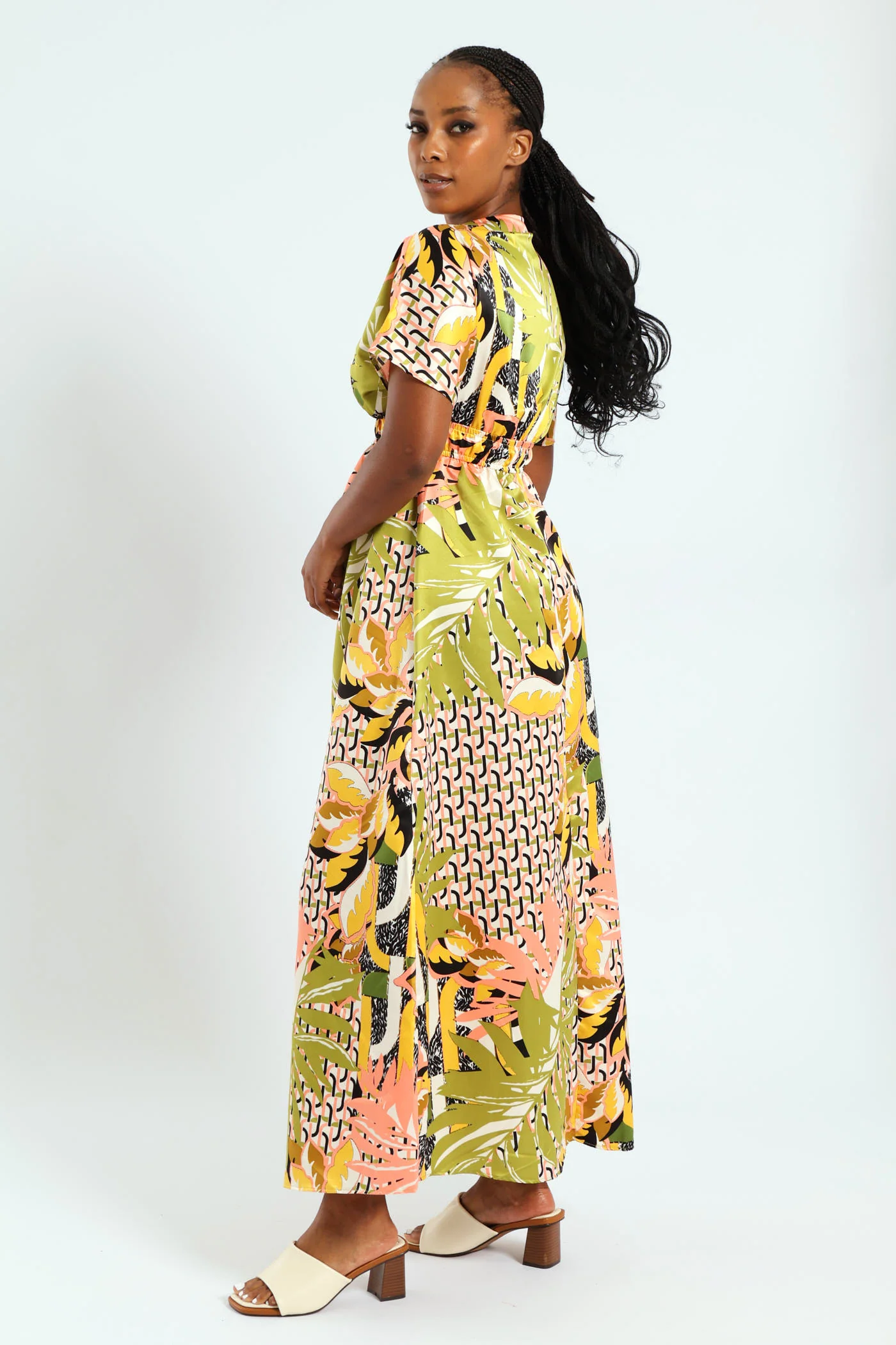Short Sleeve V-Neck Shirred Waist Printed Satin Maxi Dress - Multi - Image 4